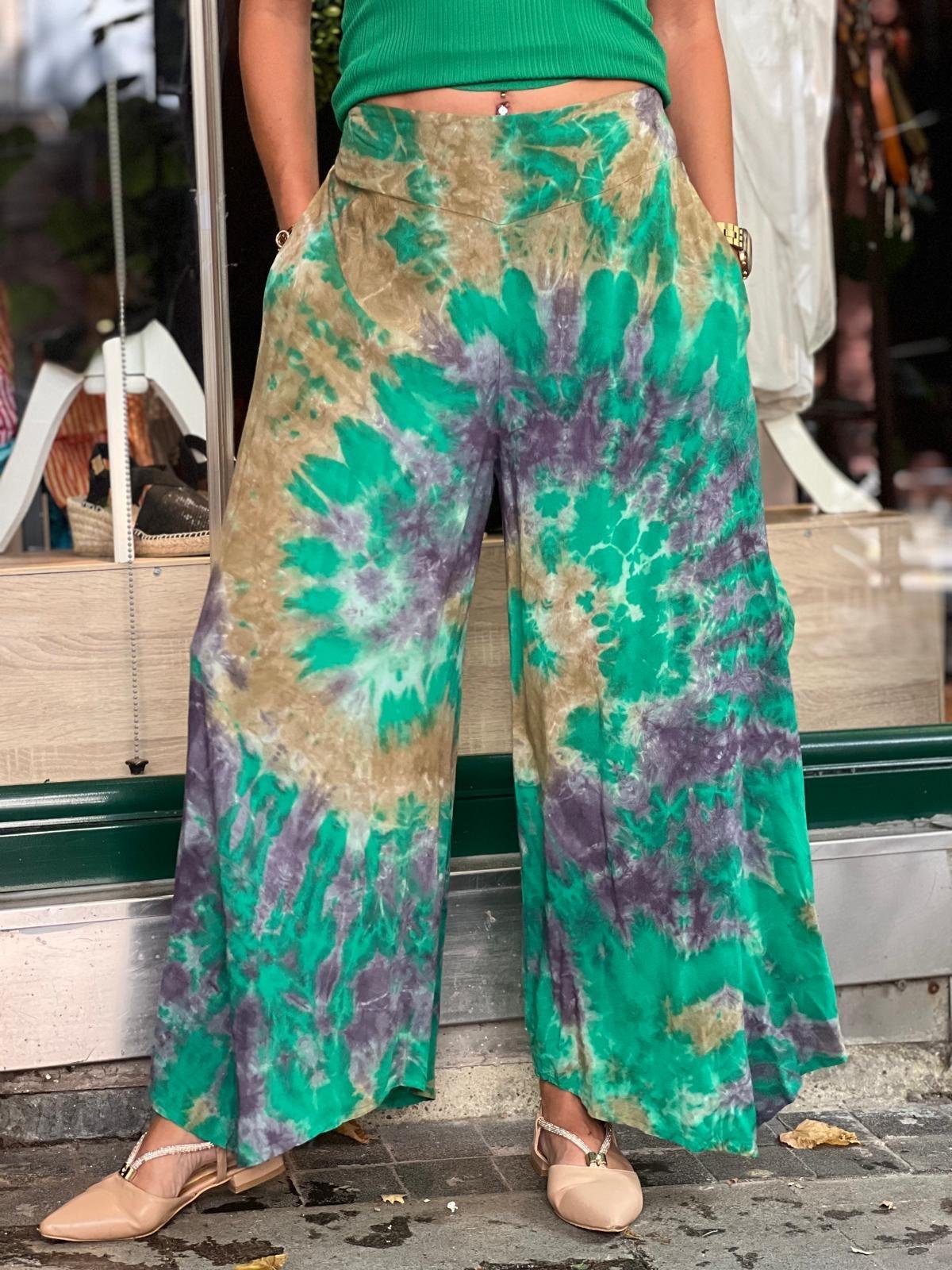 Yeşil Batik Yırtmaçlı Pantolon