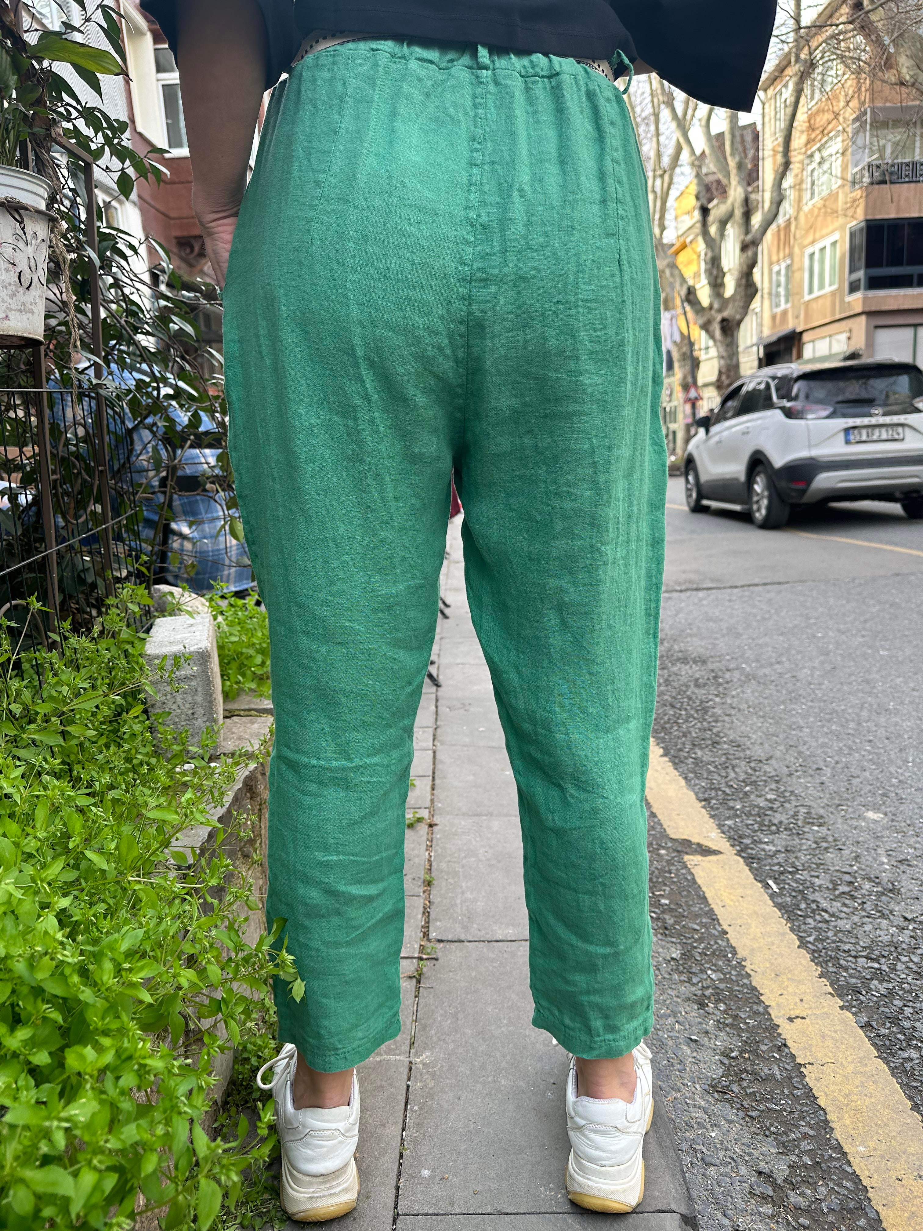 Yeşil Kemerli Keten Pantolon