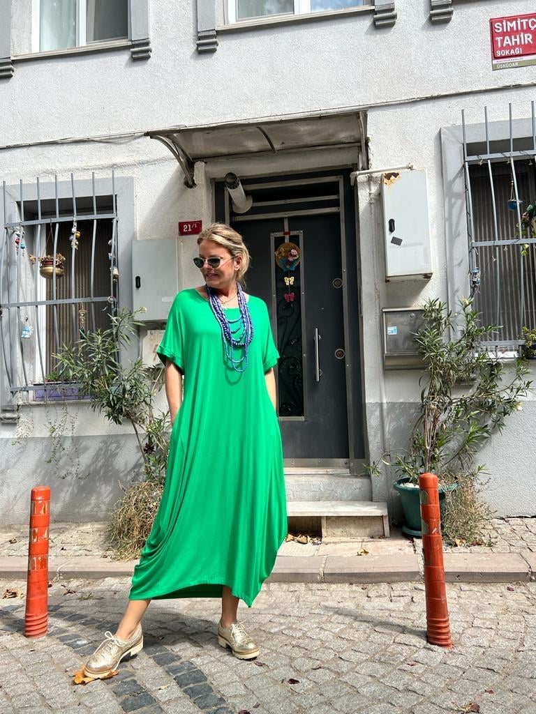 Yeşil Salaş Kulaklı Elbise