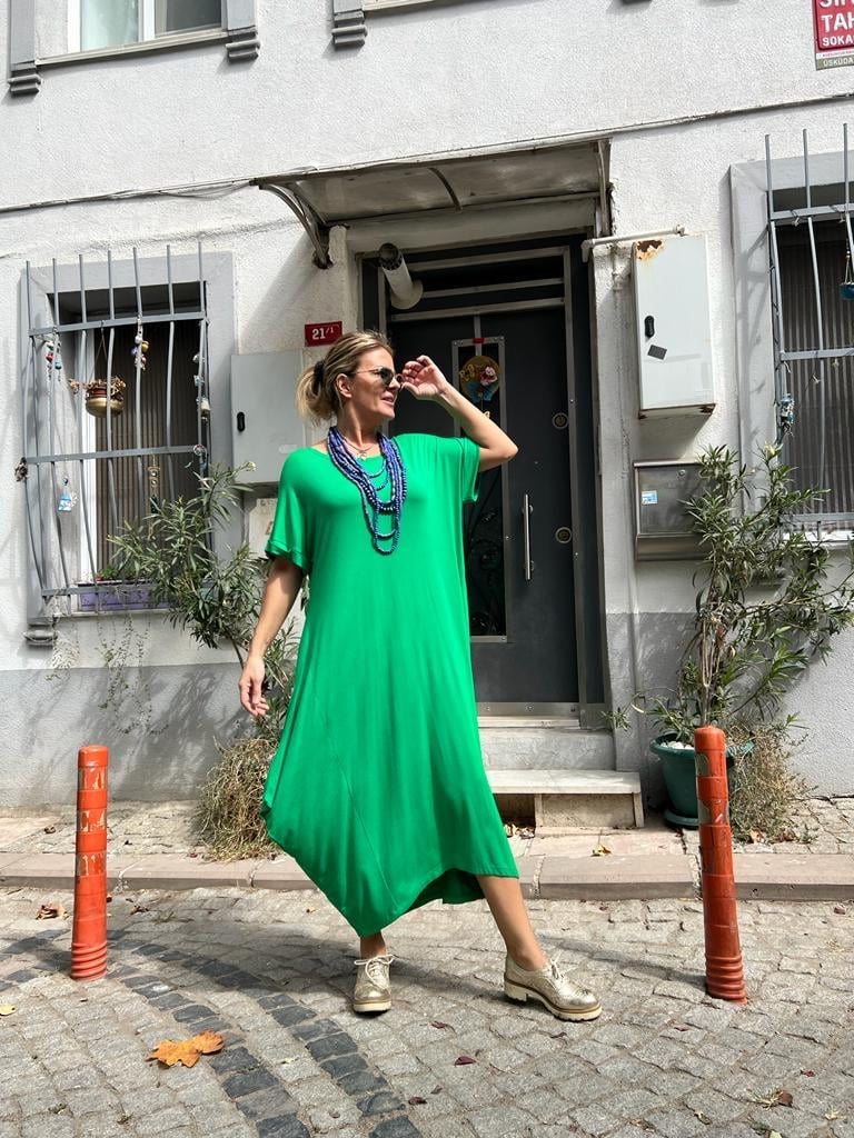 Yeşil Salaş Kulaklı Elbise