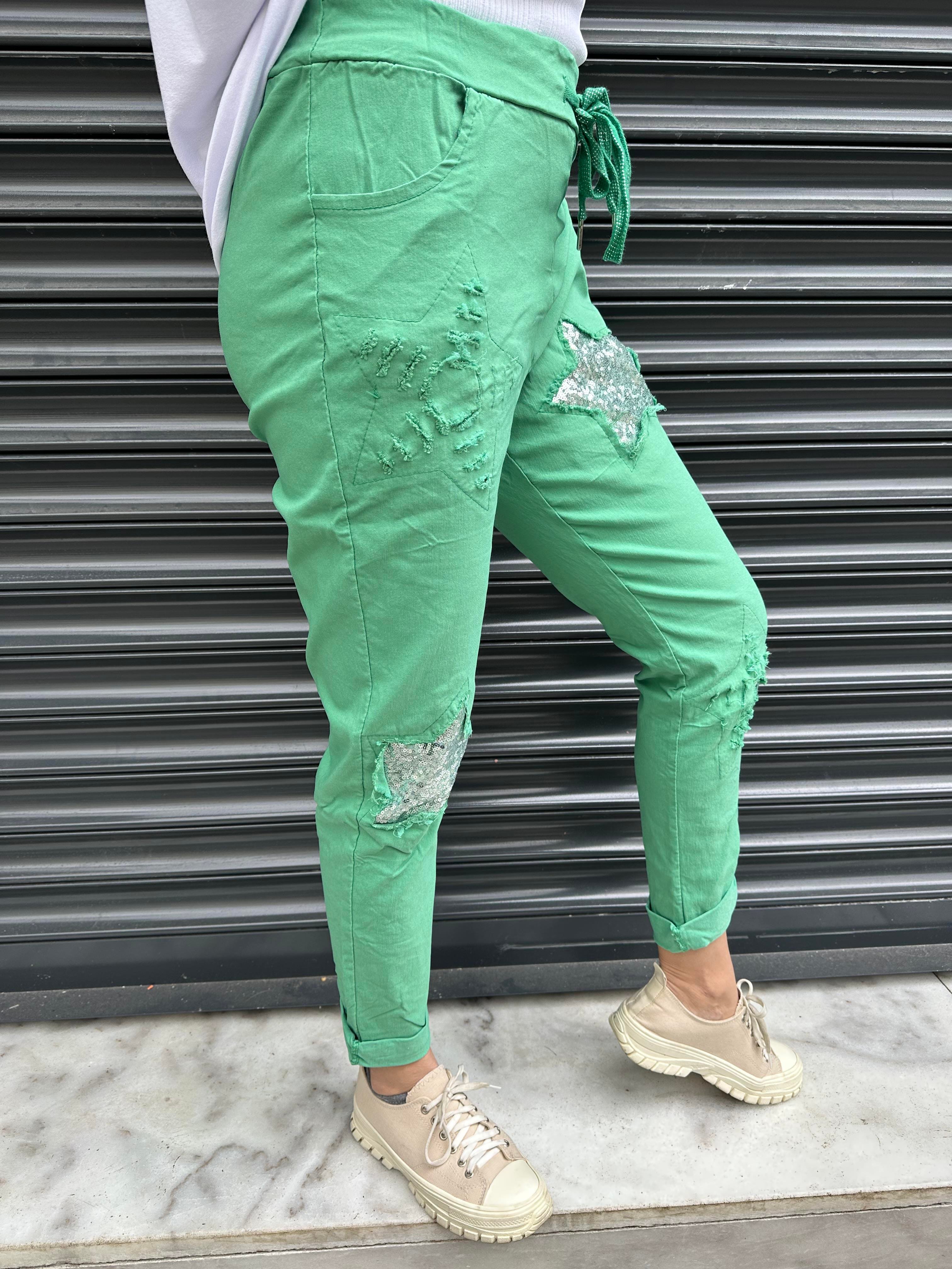 Yeşil Yıldız Payetli İthal Likralı Pantolon