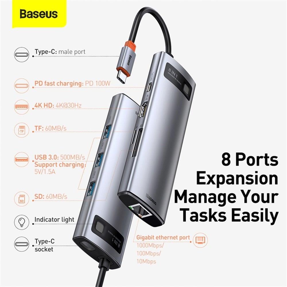 Baseus Metal Gleam 8in1 Multifonksiyonel Type-C Hub Dock Station CAHUB-CV0G