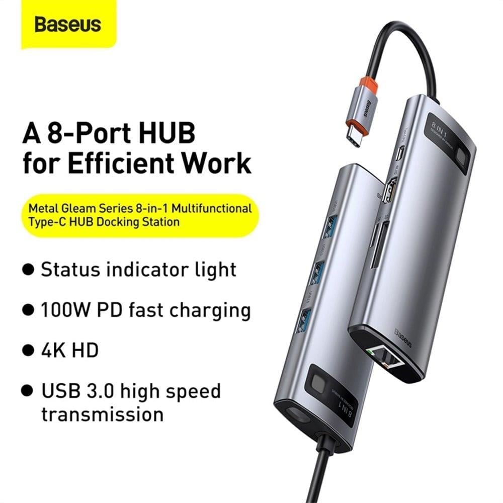 Baseus Metal Gleam 8in1 Multifonksiyonel Type-C Hub Dock Station CAHUB-CV0G