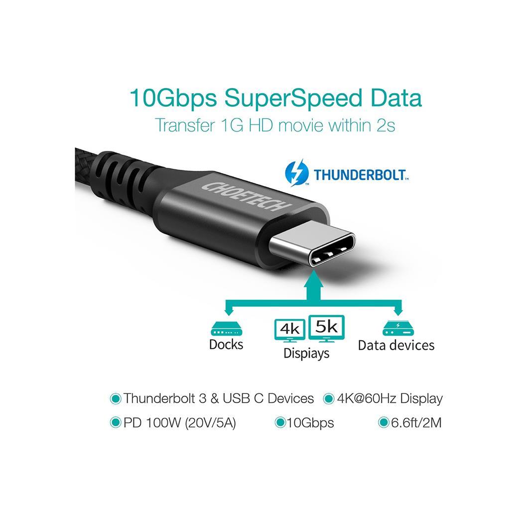 Choetech 100W USB-C to USB-C 3.1 Gen2 Hızlı Şarj Destekli Data Kablosu - 2 Metre - XCC-1007 - Siyah