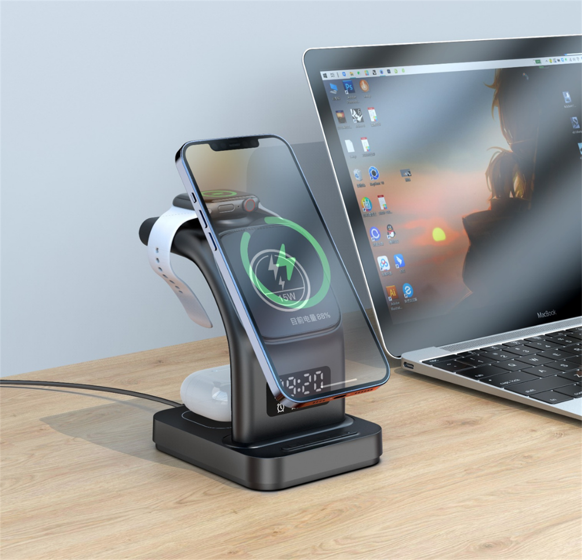 LivX  15W 3 IN 1 Kablosuz Şarj Standı  Dijital Saat Göstergesi Kulaklık , Telefon , Akıllı Saat Şarj Seti İM-03