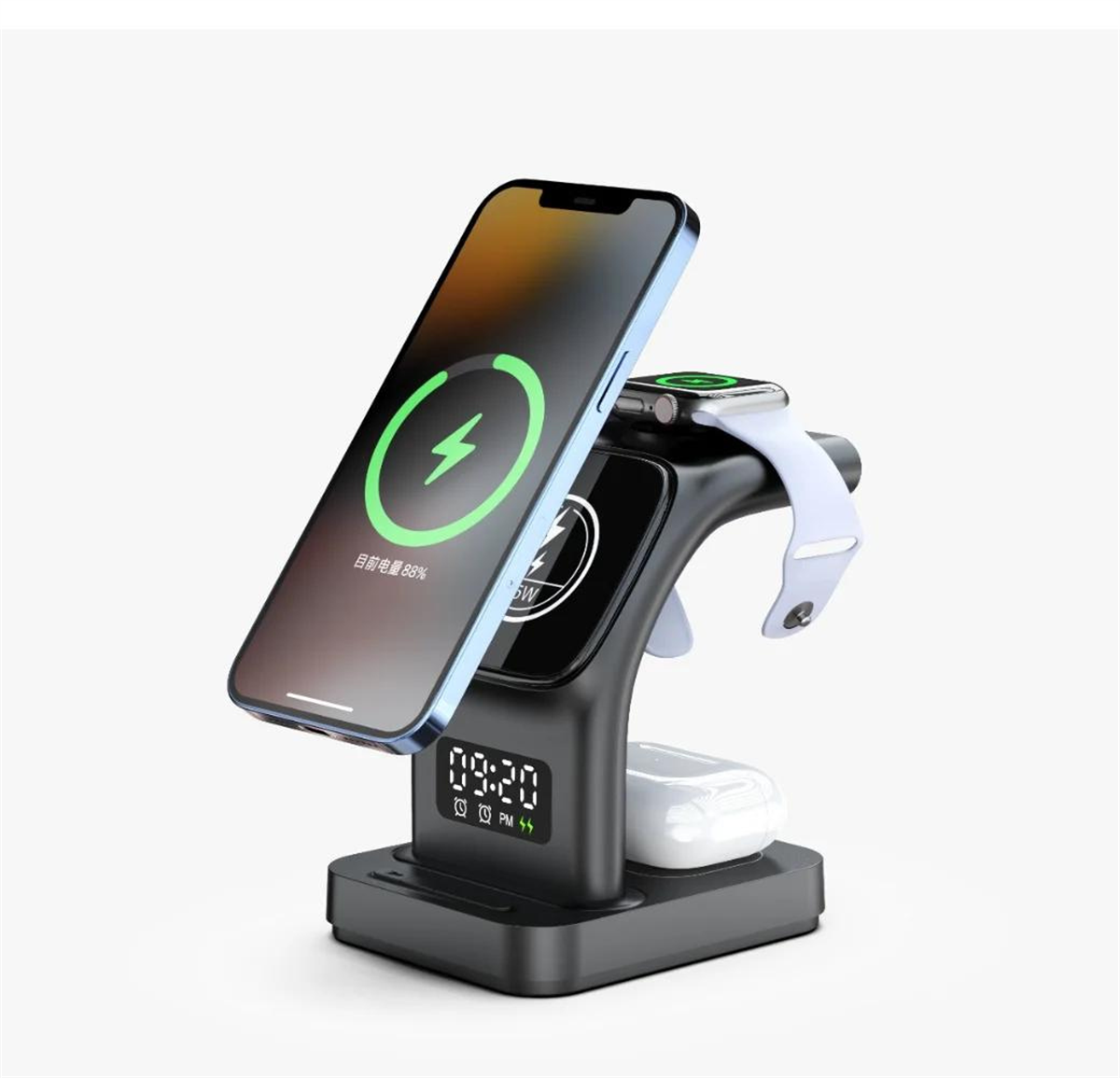 LivX  15W 3 IN 1 Kablosuz Şarj Standı  Dijital Saat Göstergesi Kulaklık , Telefon , Akıllı Saat Şarj Seti İM-03
