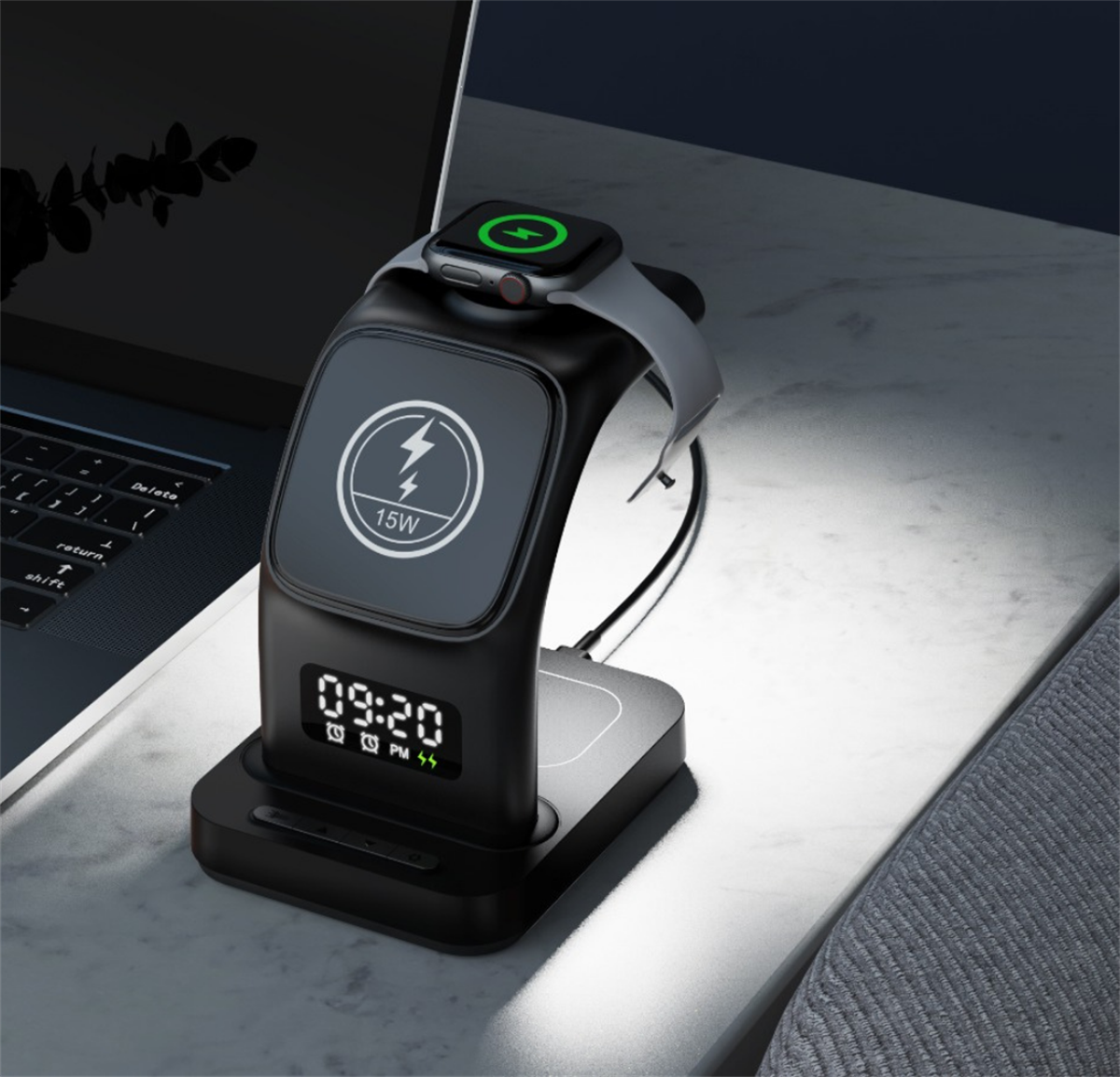 LivX  15W 3 IN 1 Kablosuz Şarj Standı  Dijital Saat Göstergesi Kulaklık , Telefon , Akıllı Saat Şarj Seti İM-03