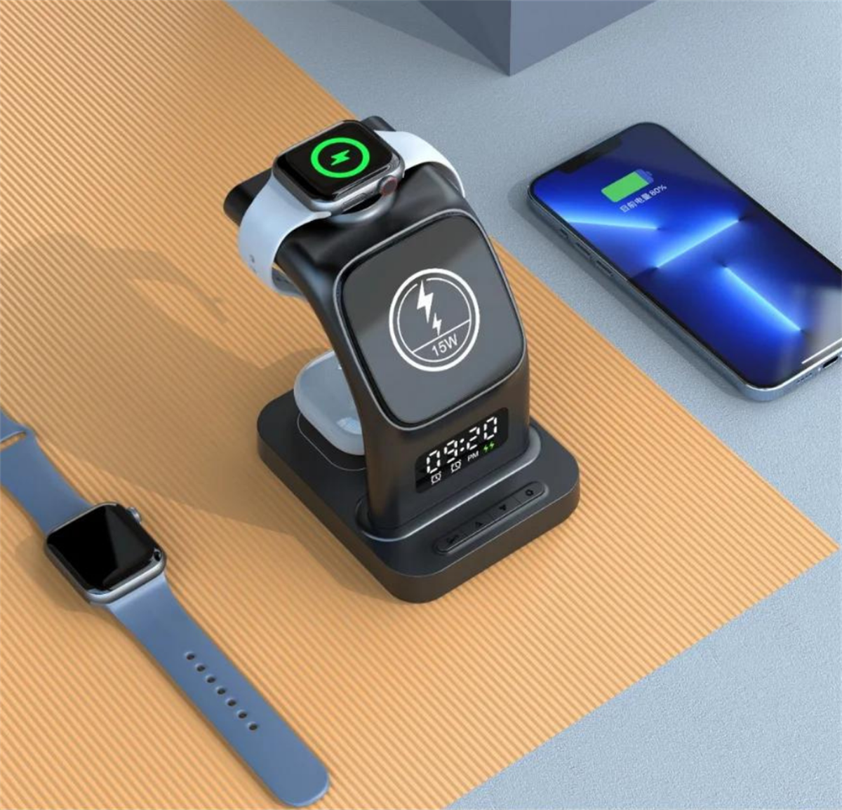 LivX  15W 3 IN 1 Kablosuz Şarj Standı  Dijital Saat Göstergesi Kulaklık , Telefon , Akıllı Saat Şarj Seti İM-03
