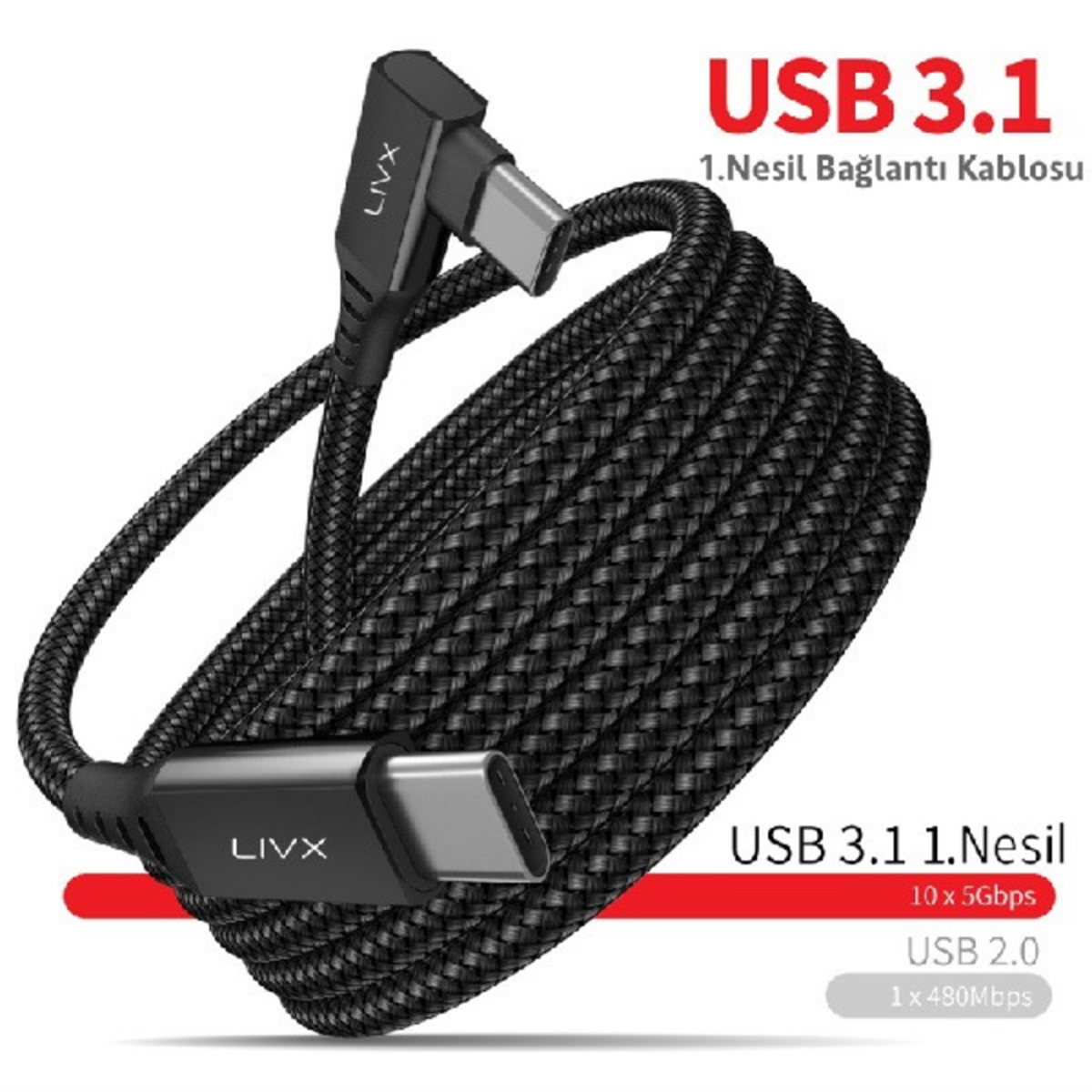 LivX Long Type C To Type C 5 Metre 60W 5Gbps Hızlı Şarj Veri Aktarımı 90° MVP Oyuncu Şarj Kablosu Halat Örgülü Oculus Quest Sanal Gerçeklik Şarj Kablosu OYN-05