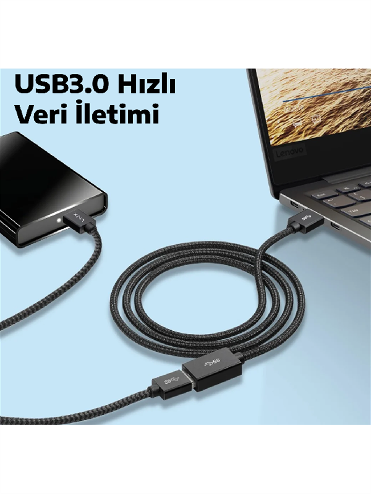LivX Rope USB3.0 3A 5Gbps Hızlı Şarj ve Veri Aktarımı USB 3.0 Erkek Dişi Uzatma Kablosu Halat Örgülü 3 Metre 