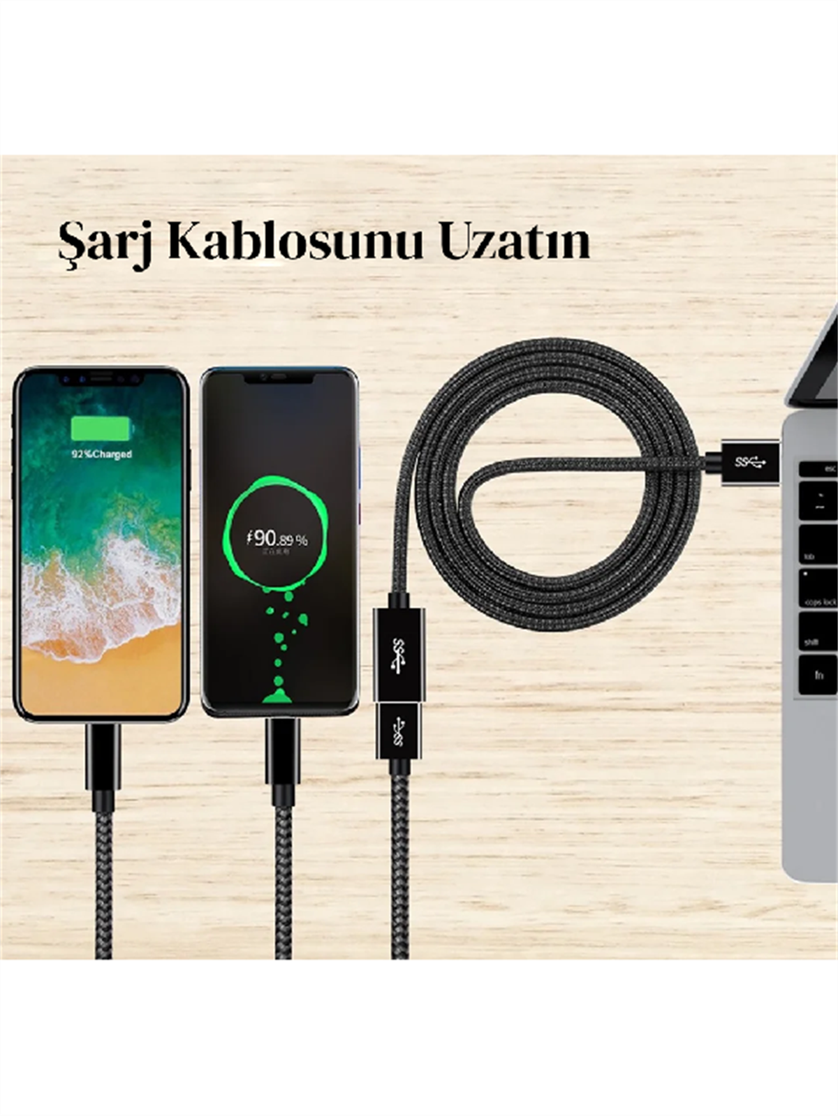 LivX Rope USB3.0 3A 5Gbps Hızlı Şarj ve Veri Aktarımı USB 3.0 Erkek Dişi Uzatma Kablosu Halat Örgülü 3 Metre 