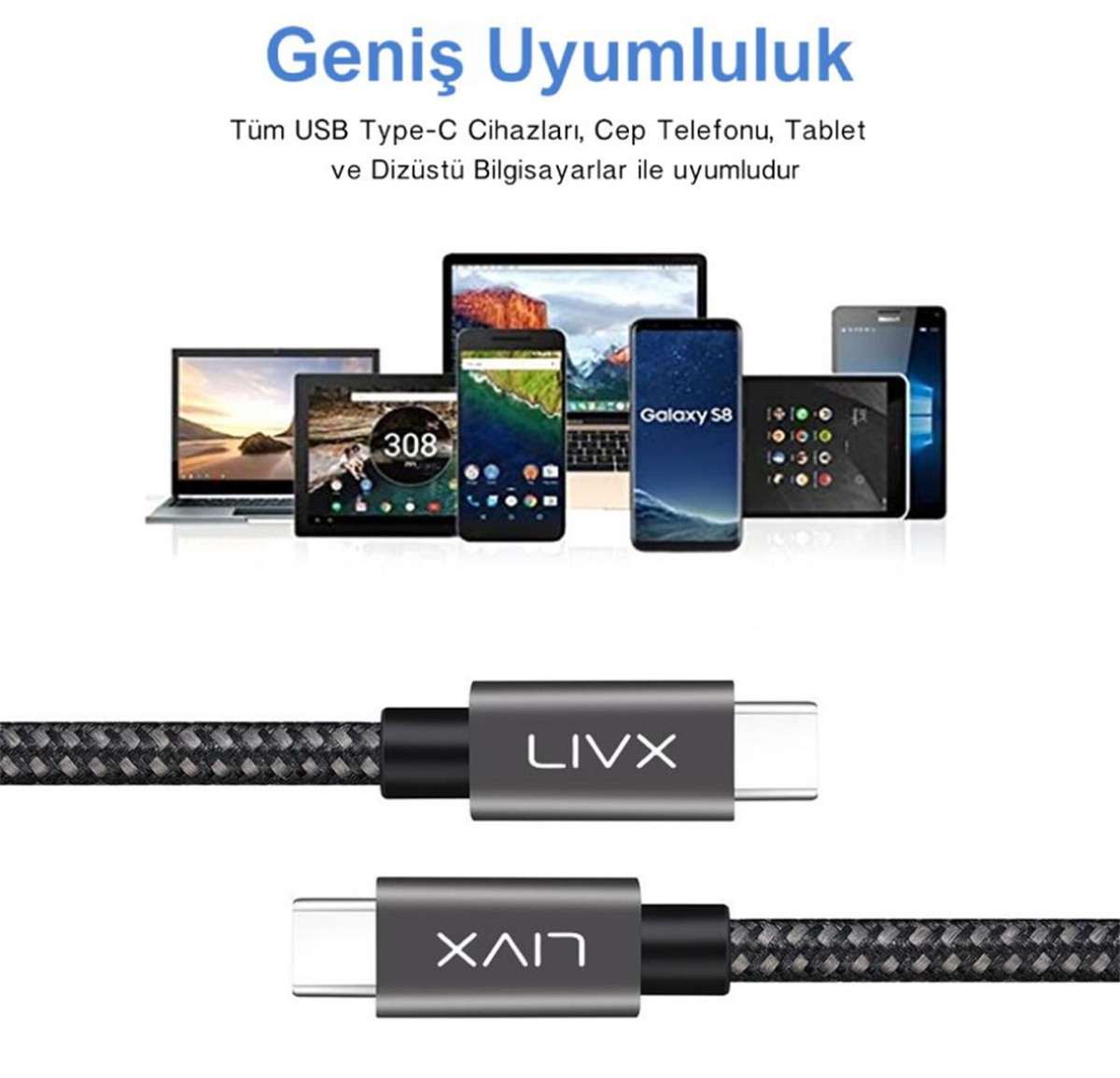 LivX Solid 100W 5A Type C to Type C PD 2.0 5 Gbps 2 Metre Hızlı Şarj ve Data Kablosu Space Gray LVA-TCT
