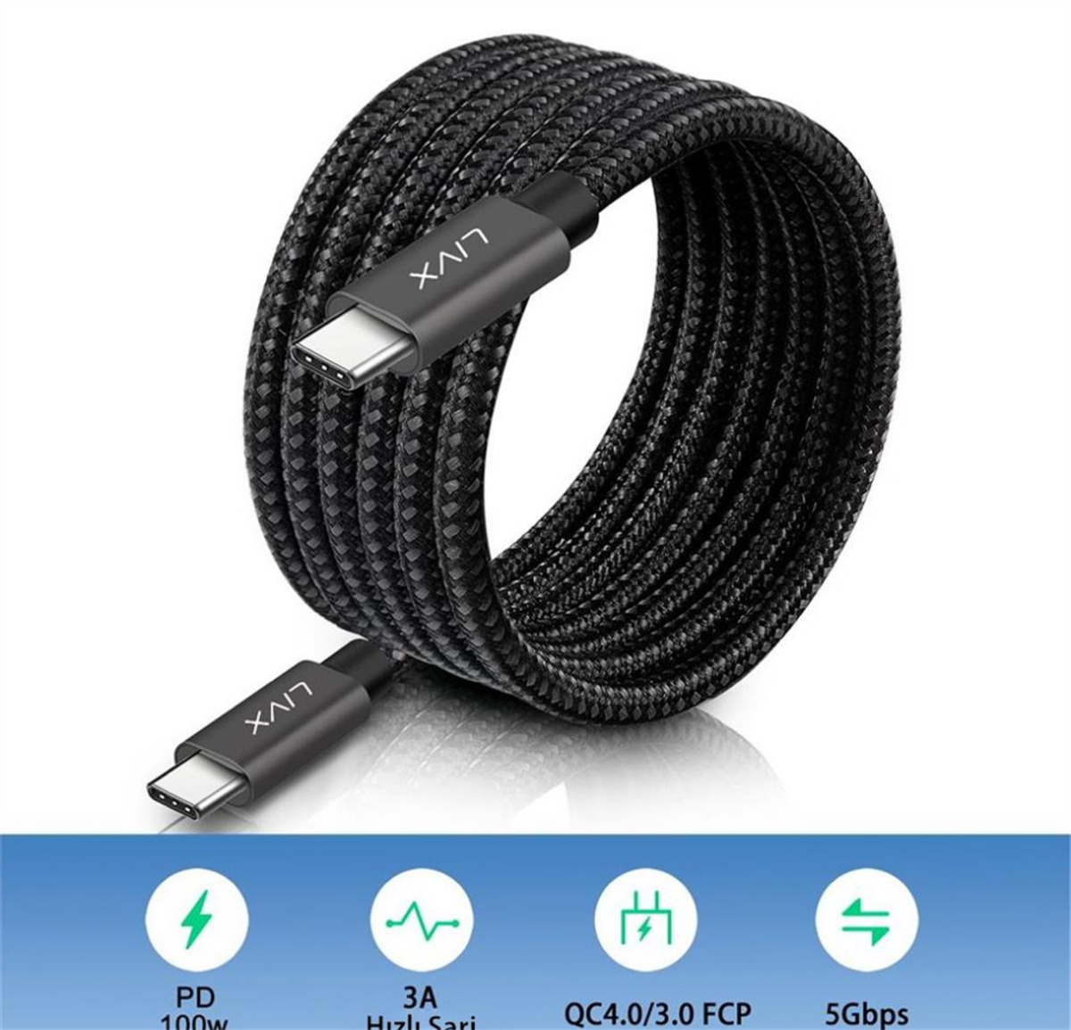LivX Solid 100W 5A Type C to Type C PD 2.0 5 Gbps 2 Metre Hızlı Şarj ve Data Kablosu Space Gray LVA-TCT