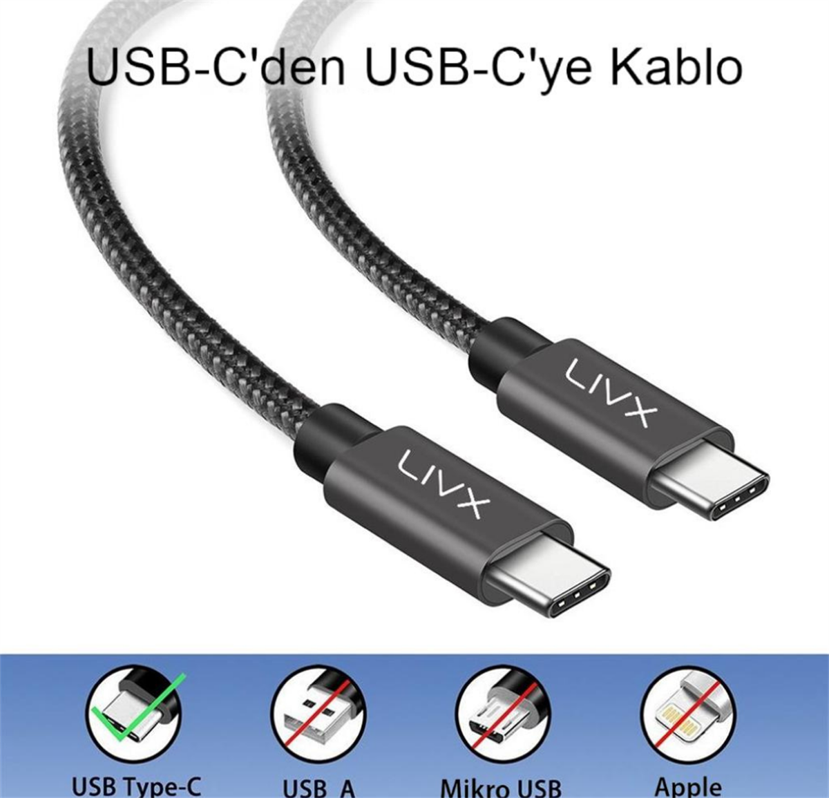 LivX Solid 100W 5A Type C to Type C PD 2.0 5 Gbps 2 Metre Hızlı Şarj ve Data Kablosu Space Gray LVA-TCT