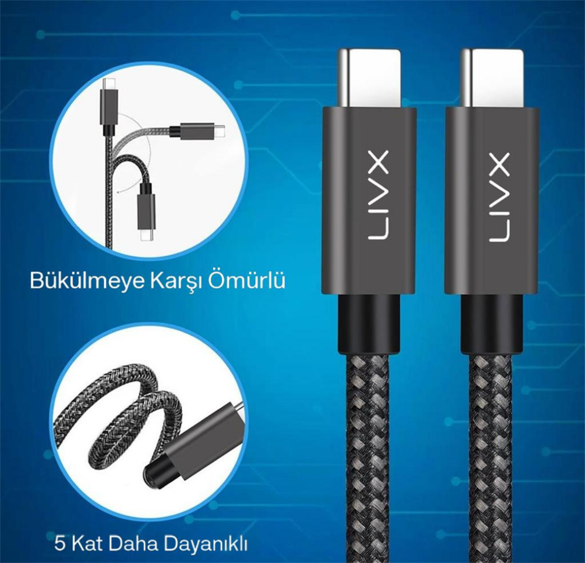 LivX Solid 100w 5a Type C To Type C PD 2.0 5 Gbps Hızlı Şarj Ve Data Kablosu Halat Örgülü Space Gray