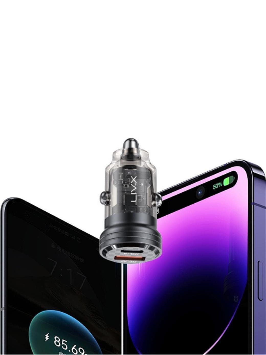 LivX Transparent 45W PD/QC Mini Araç şarj Cihazı ve 1 metre Hızlı Şarj Ve Data Kablosu