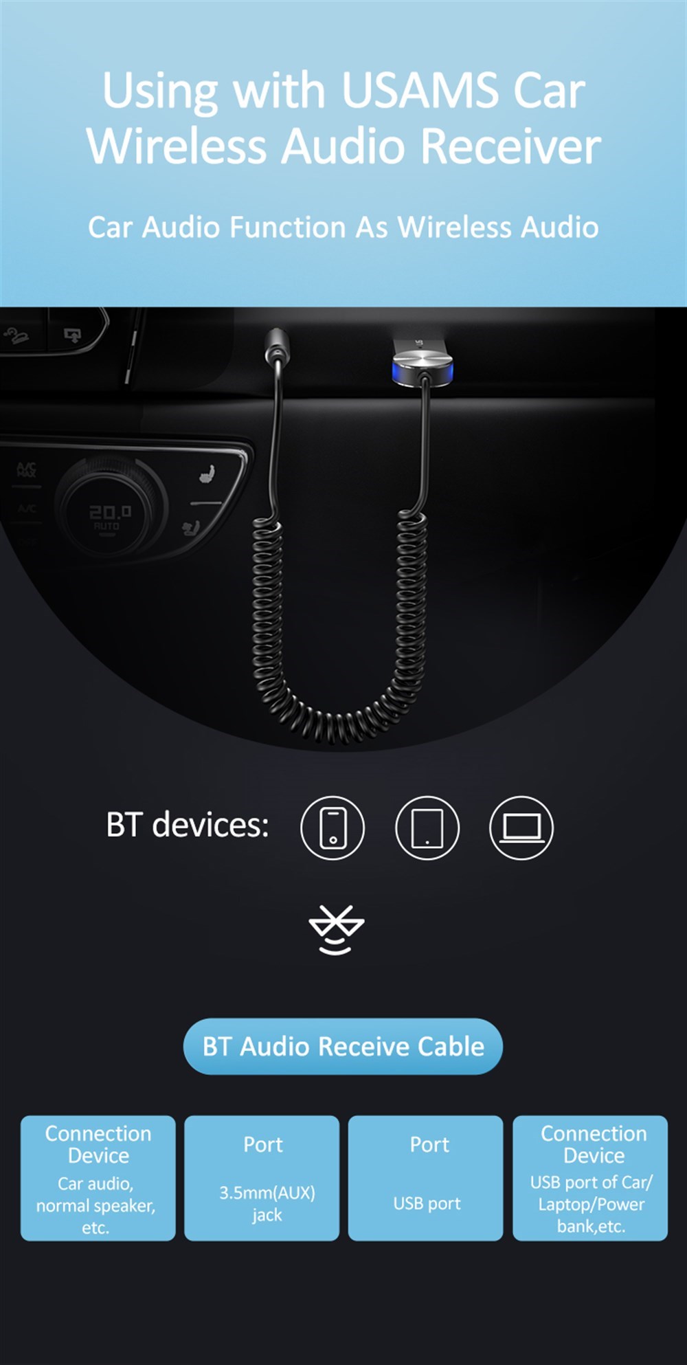 Livx Usams Bluetooth Receiver USB Aux Wireless Araç Kiti BA01