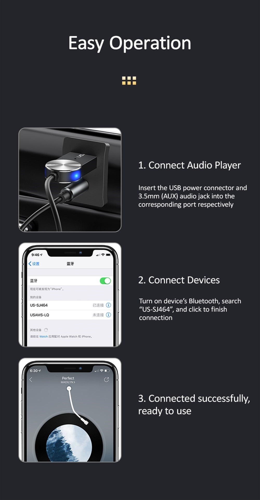 Livx Usams Bluetooth Receiver USB Aux Wireless Araç Kiti BA01