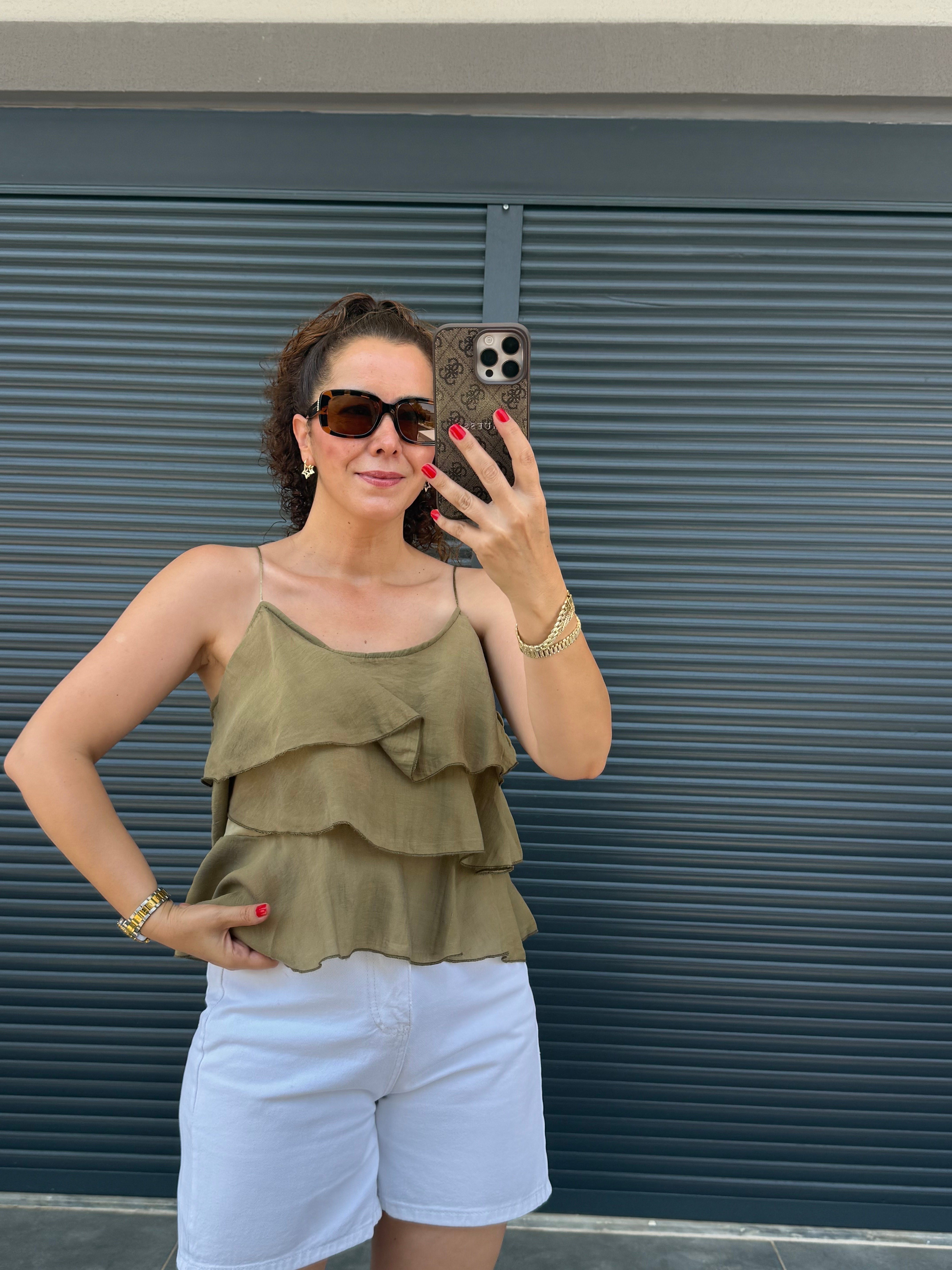 Askılı Fırfırlı Bluz Olive