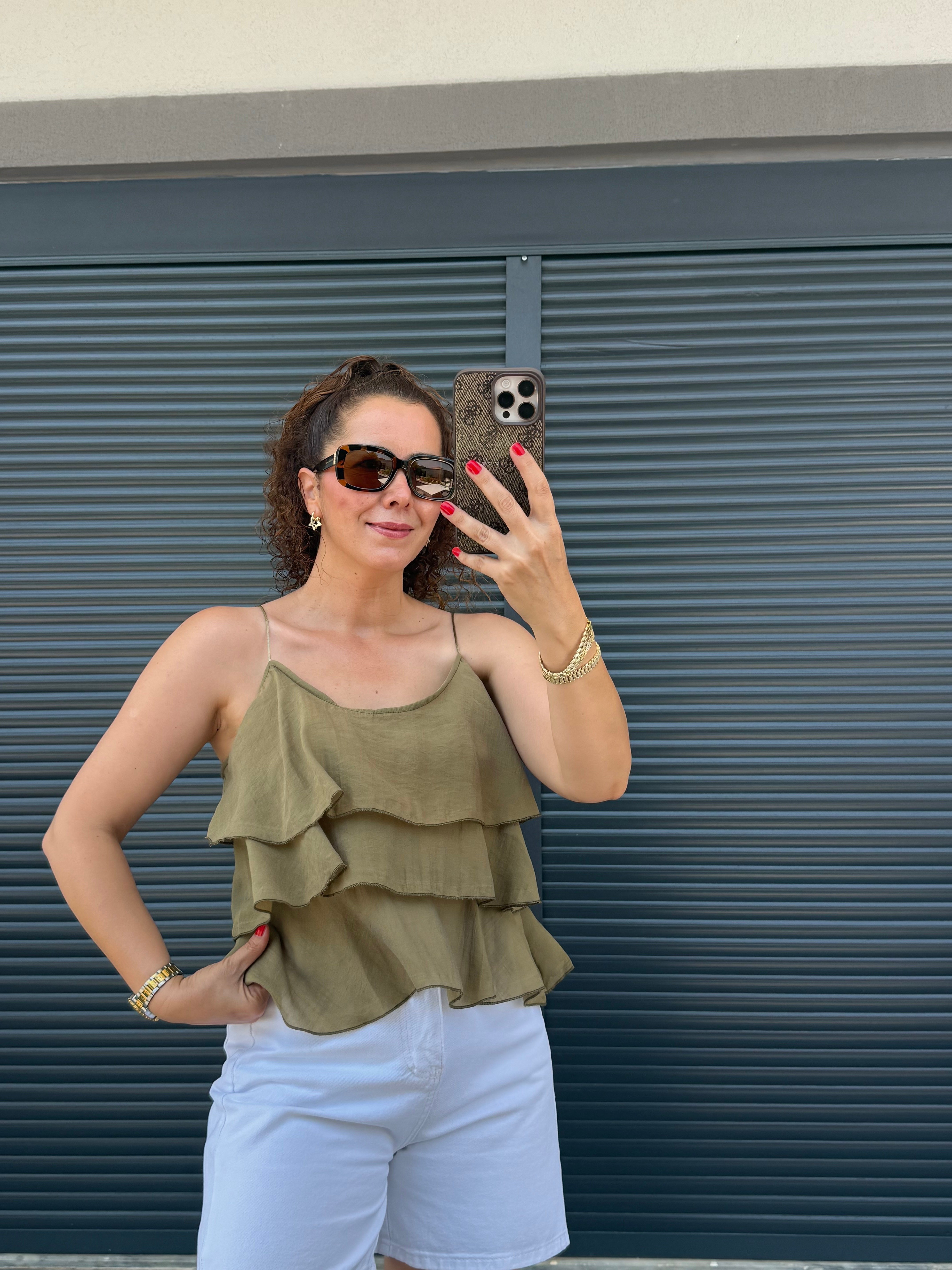Askılı Fırfırlı Bluz Olive