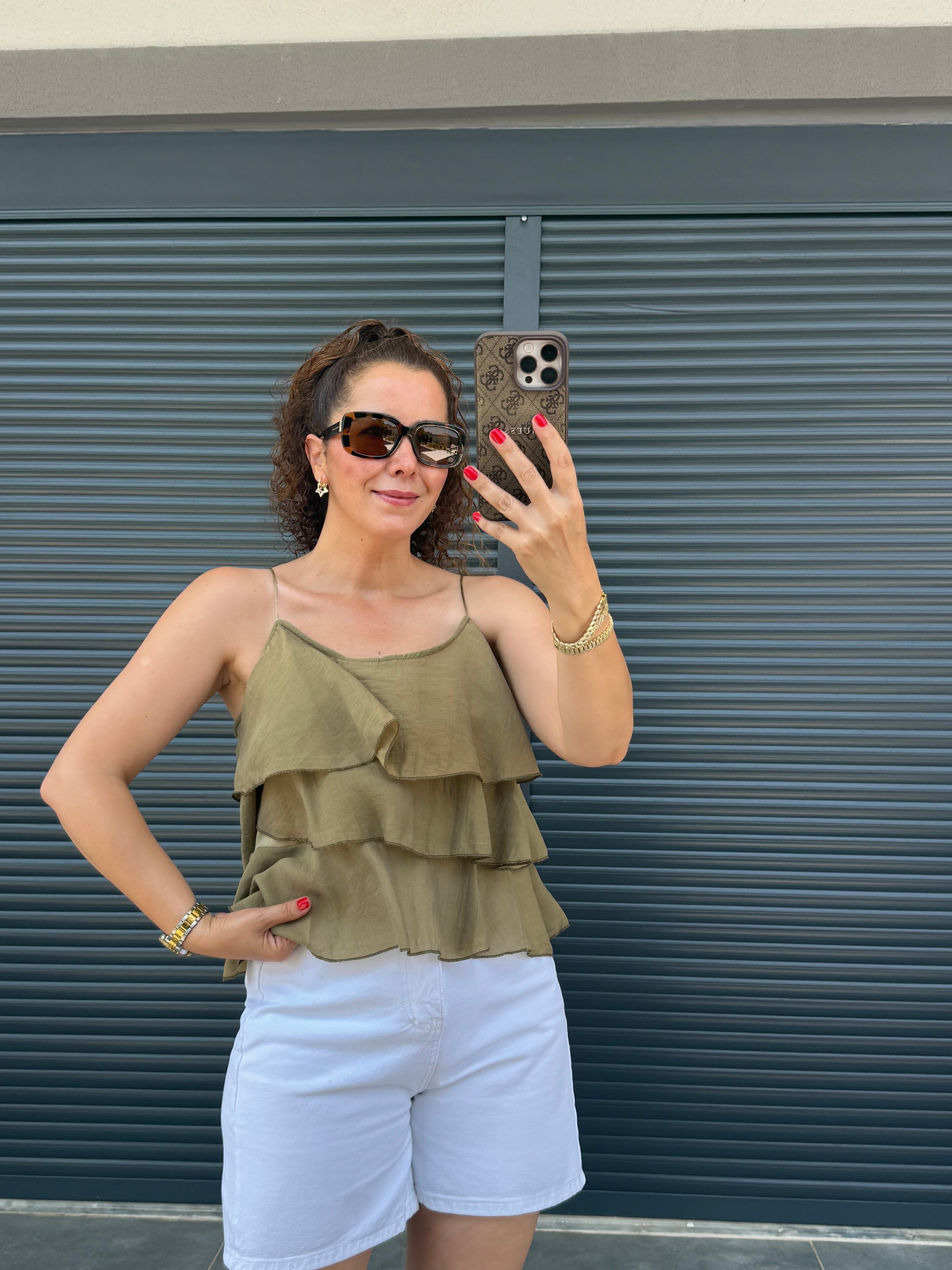 Askılı Fırfırlı Bluz Olive