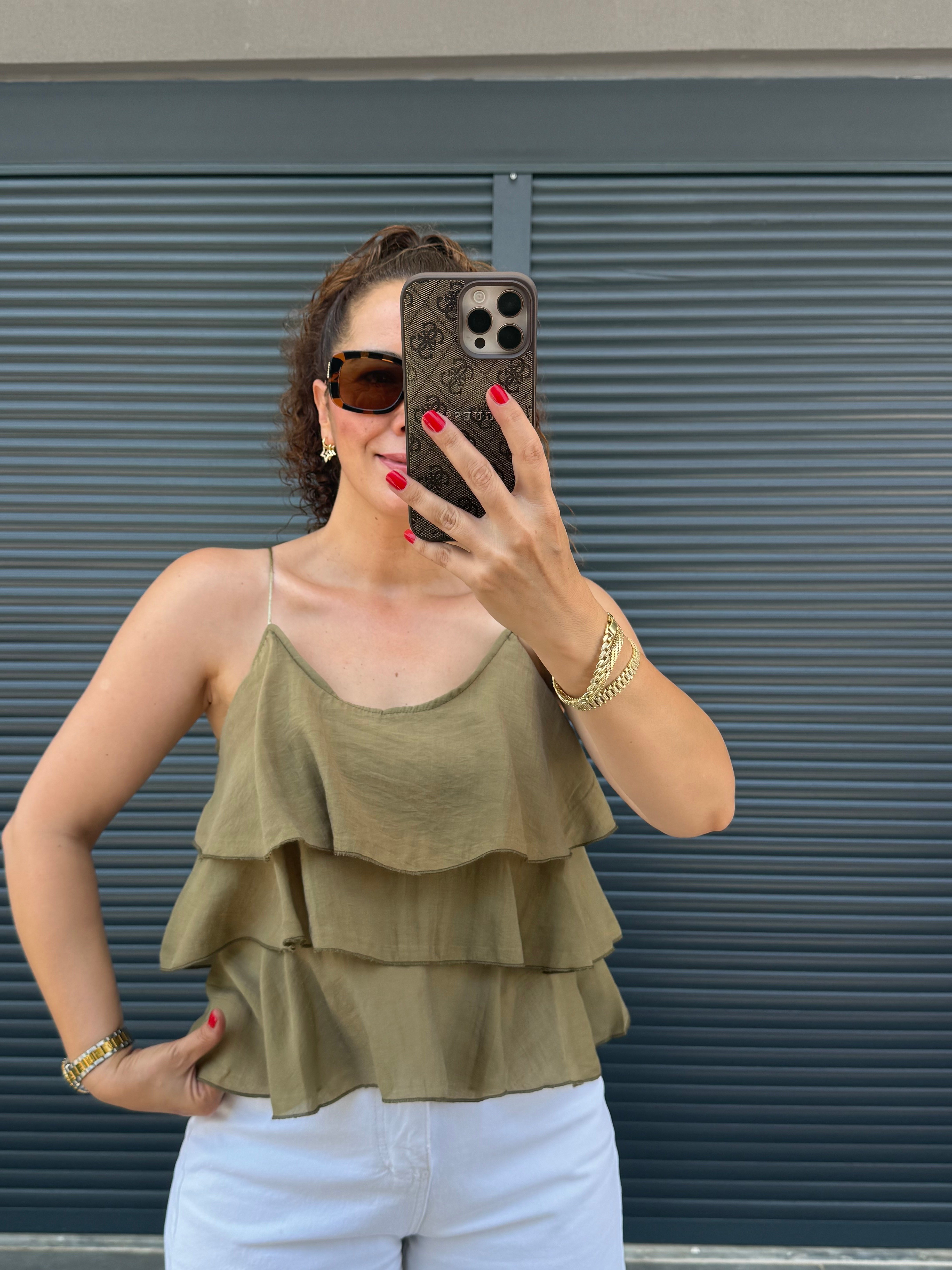 Askılı Fırfırlı Bluz Olive