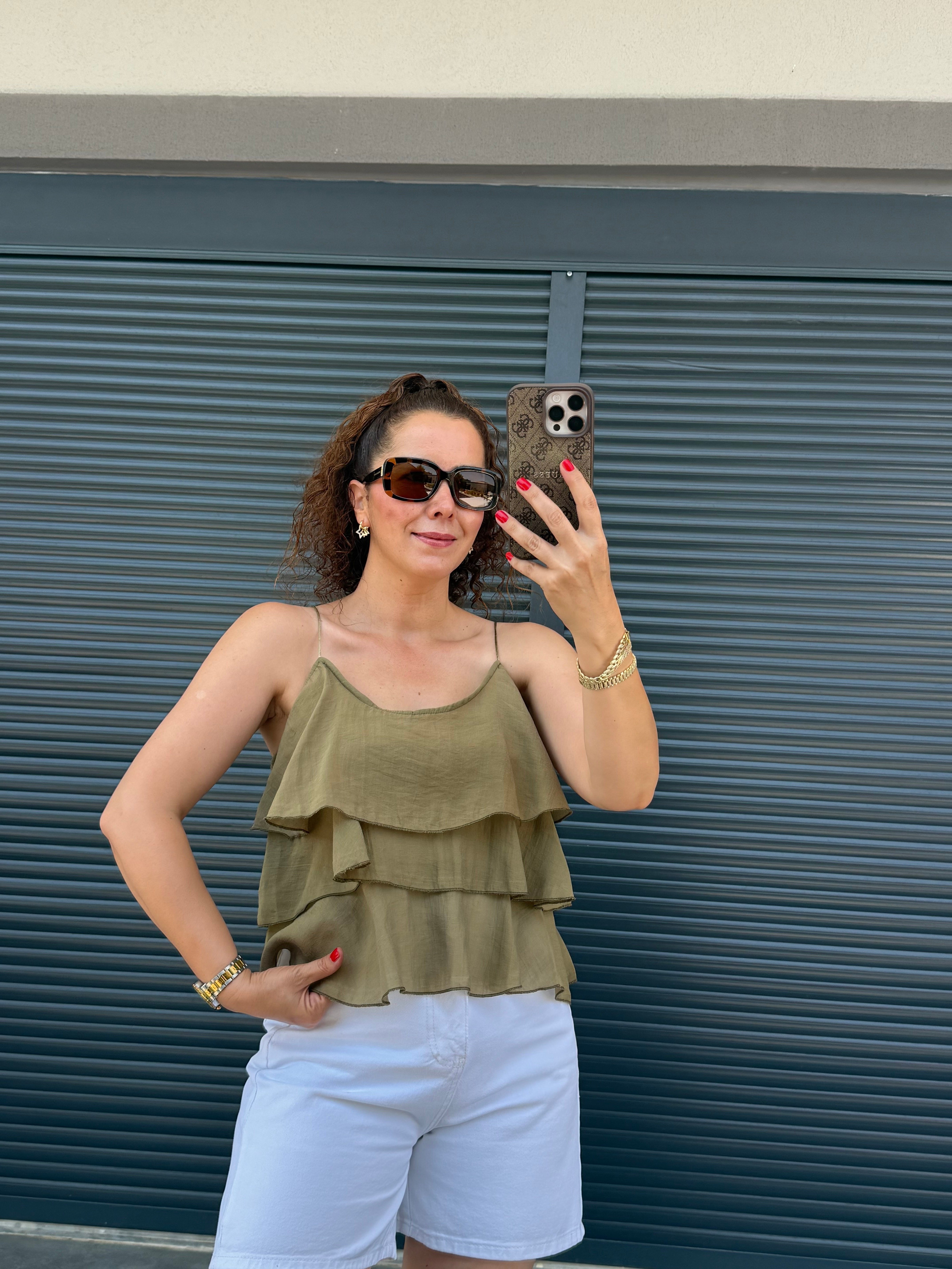 Askılı Fırfırlı Bluz Olive