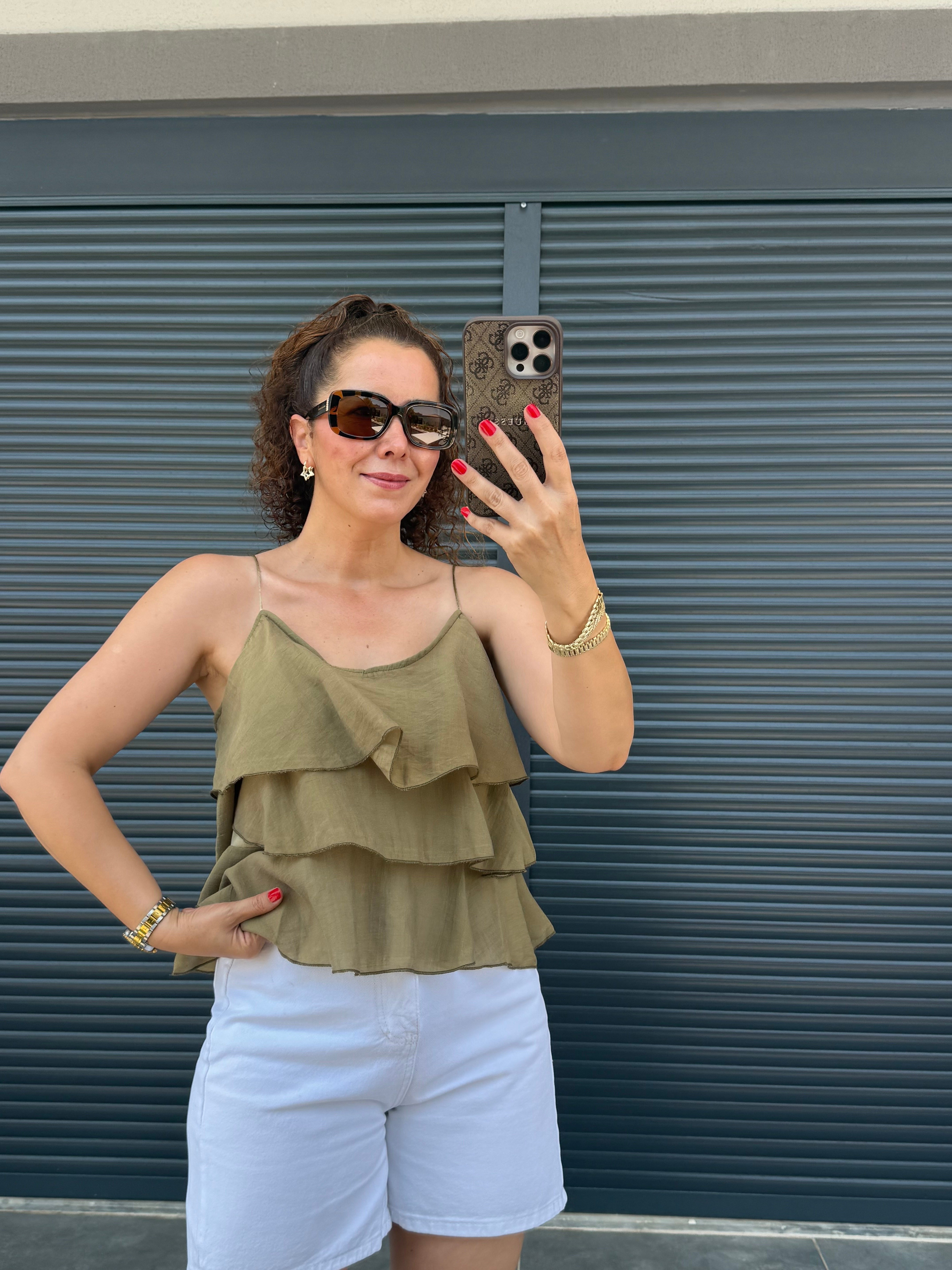 Askılı Fırfırlı Bluz Olive