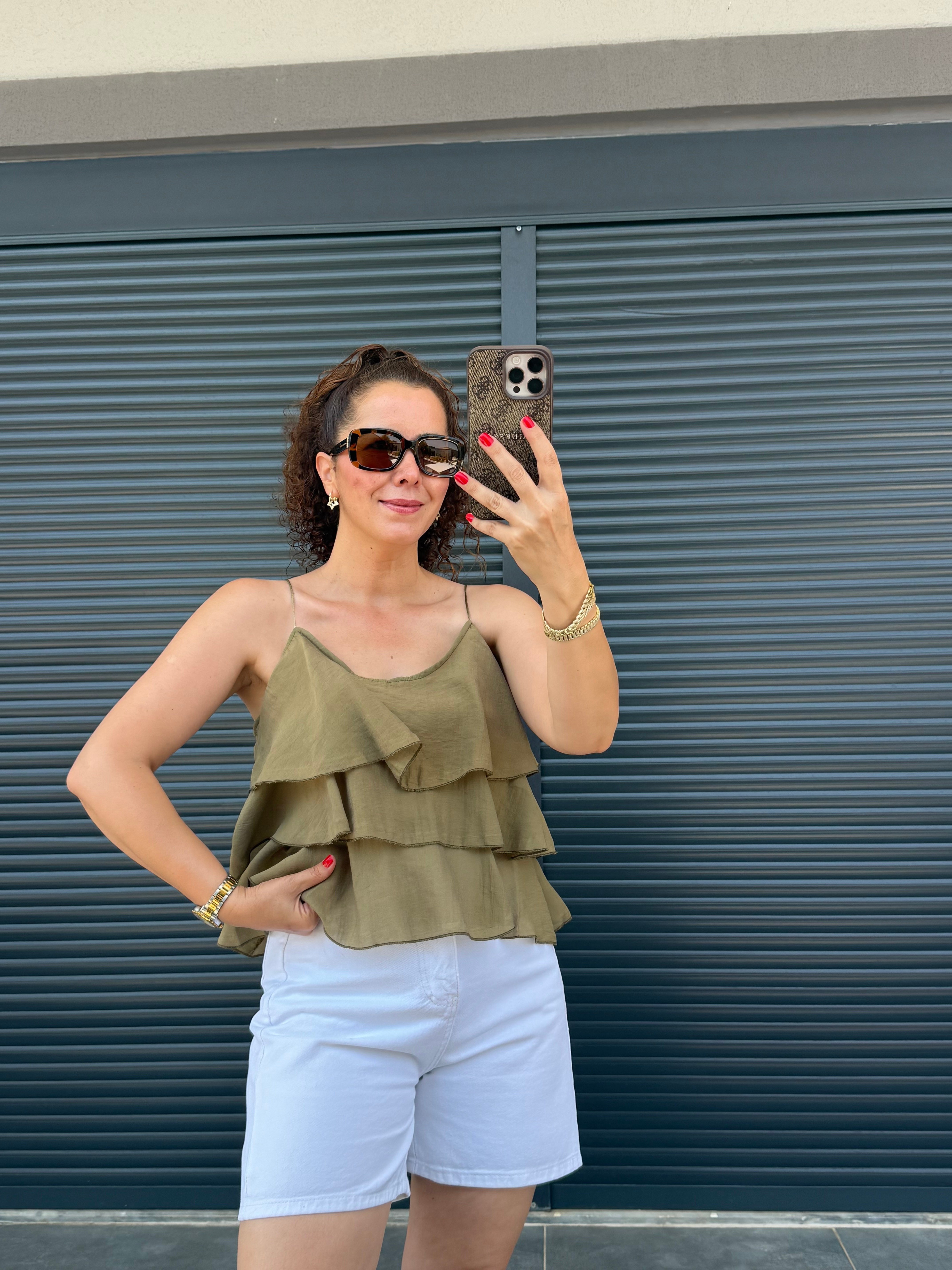 Askılı Fırfırlı Bluz Olive