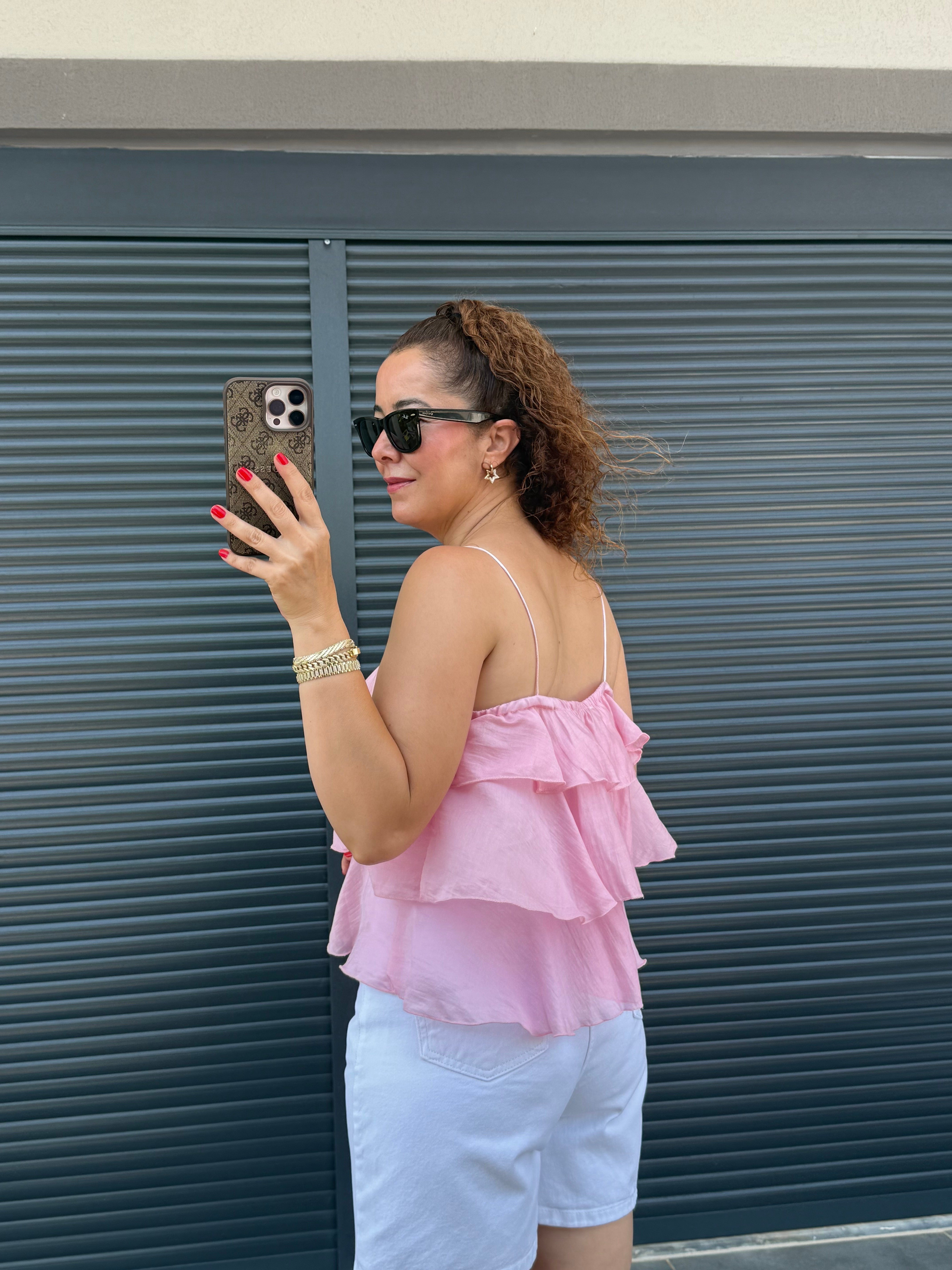 Askılı Fırfırlı Bluz Pembe