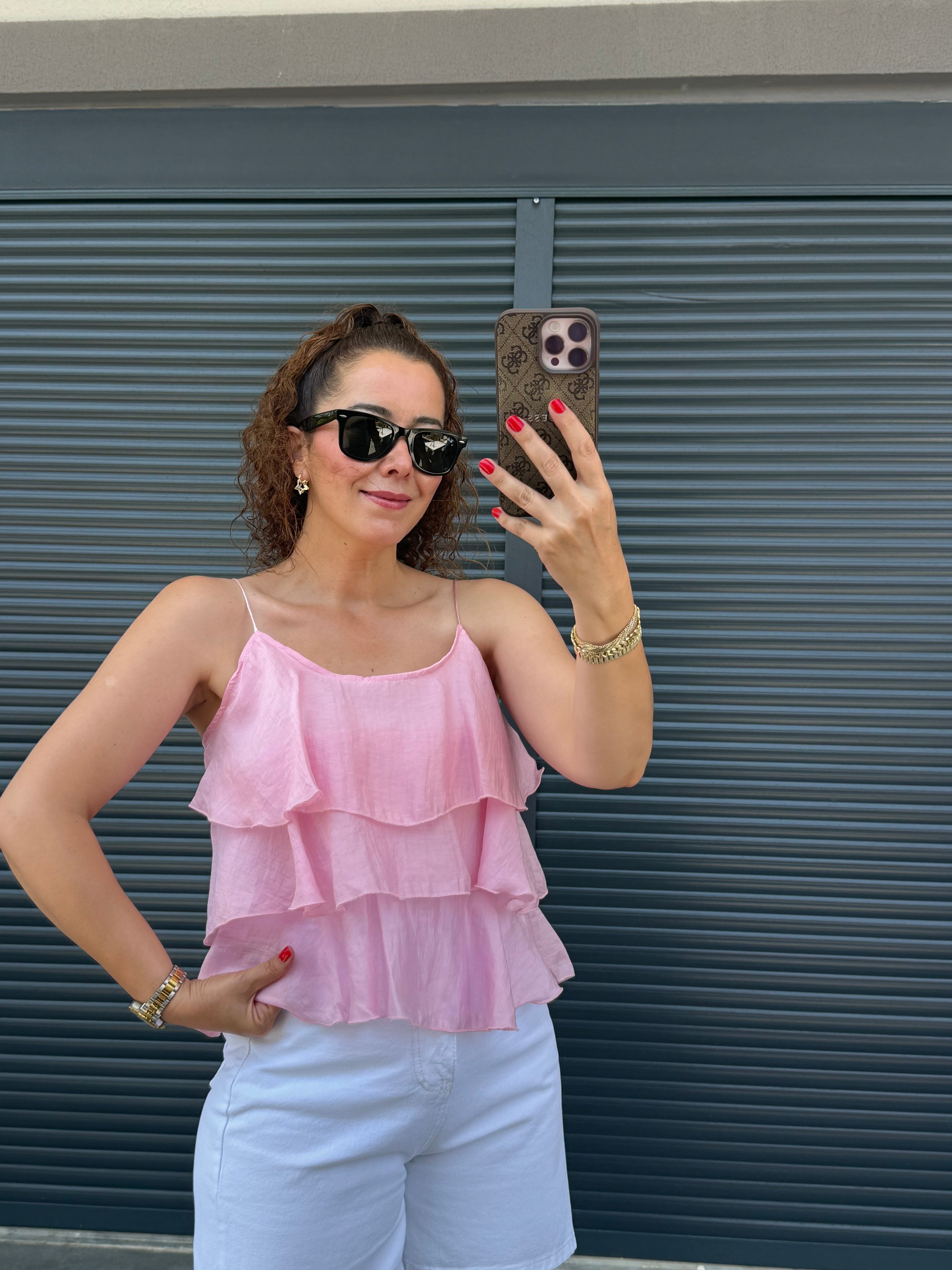 Askılı Fırfırlı Bluz Pembe
