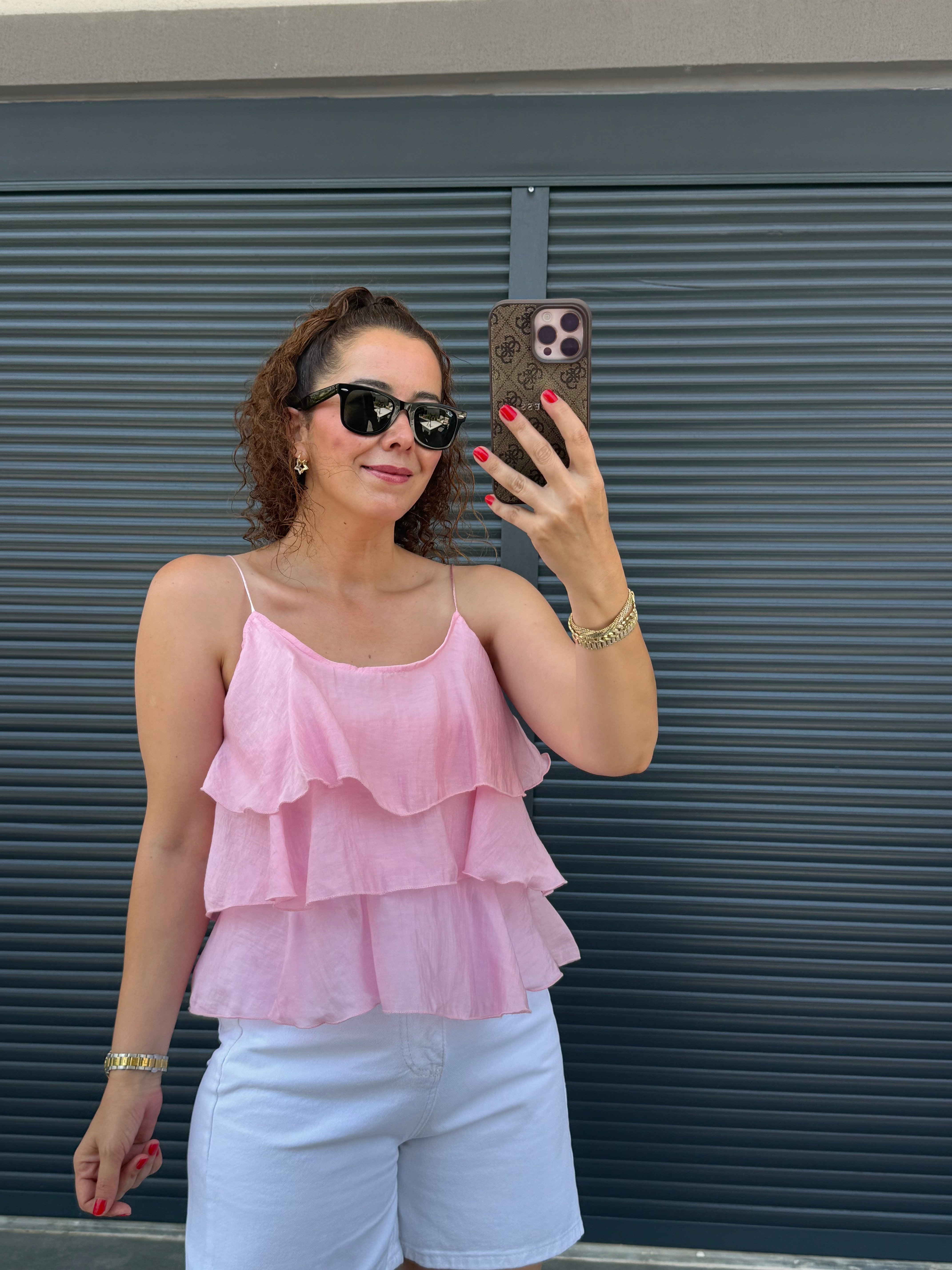 Askılı Fırfırlı Bluz Pembe