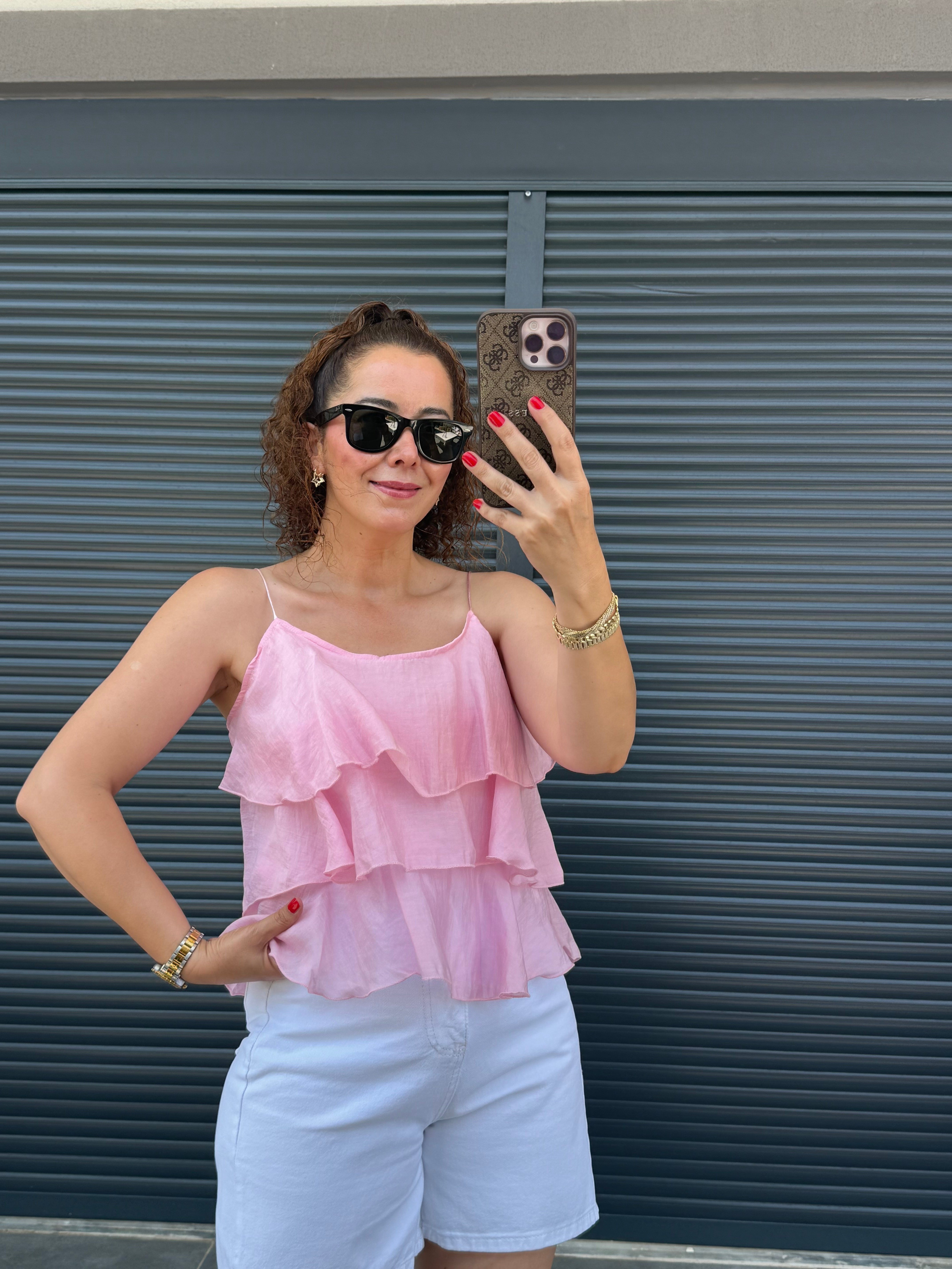 Askılı Fırfırlı Bluz Pembe