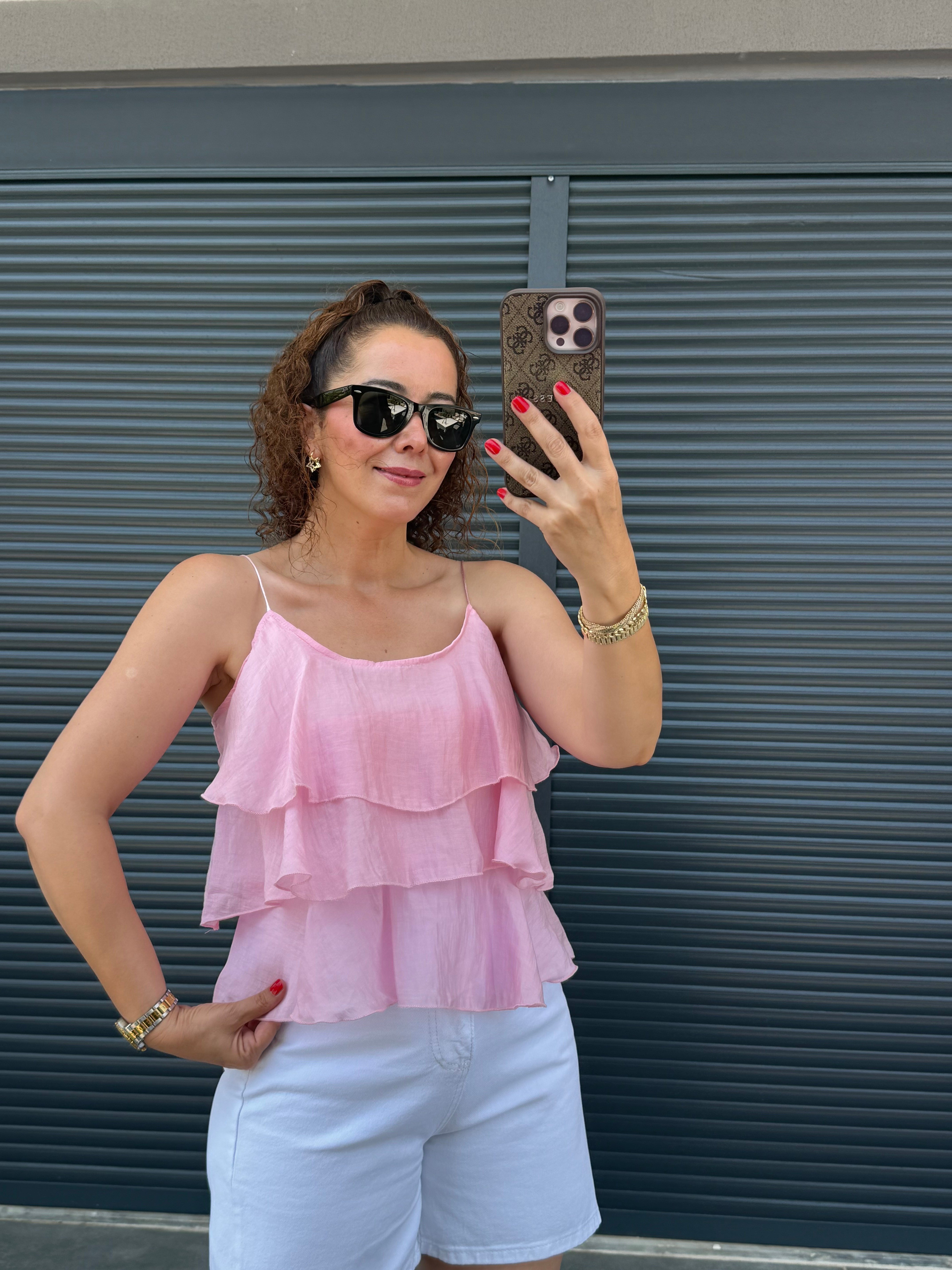 Askılı Fırfırlı Bluz Pembe