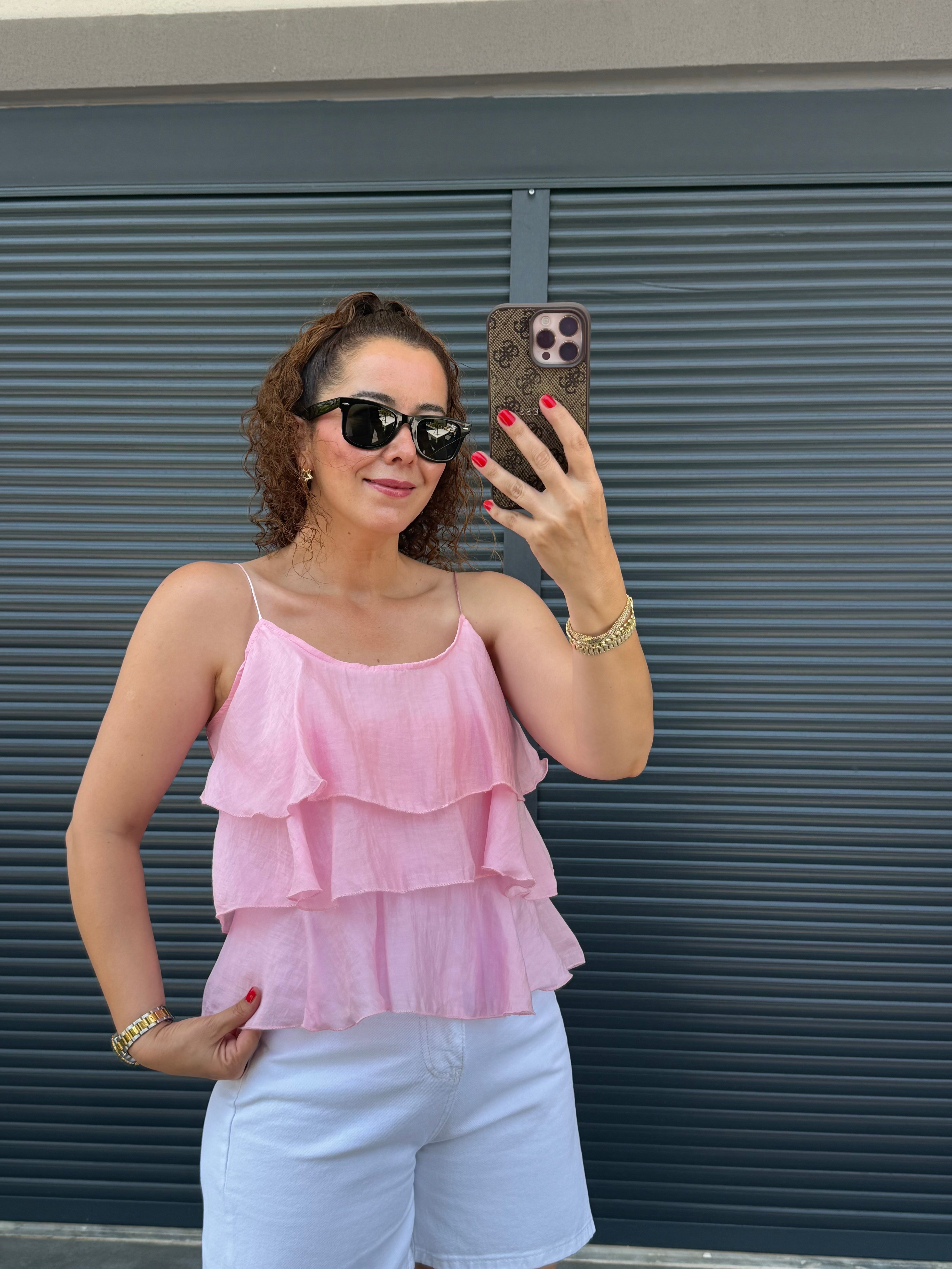 Askılı Fırfırlı Bluz Pembe
