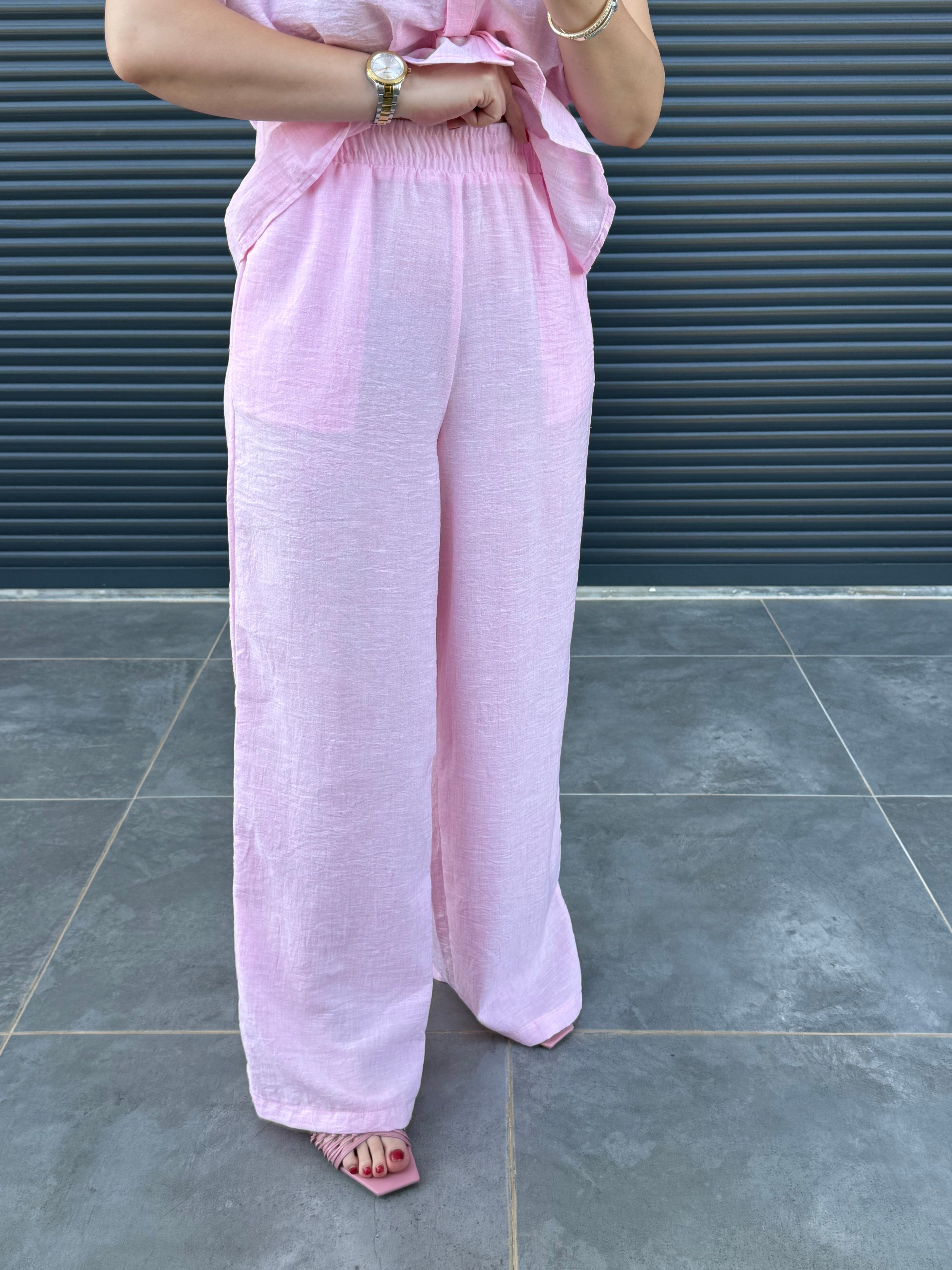 Bel Pileli Gömlek Pantolon Takım Pembe