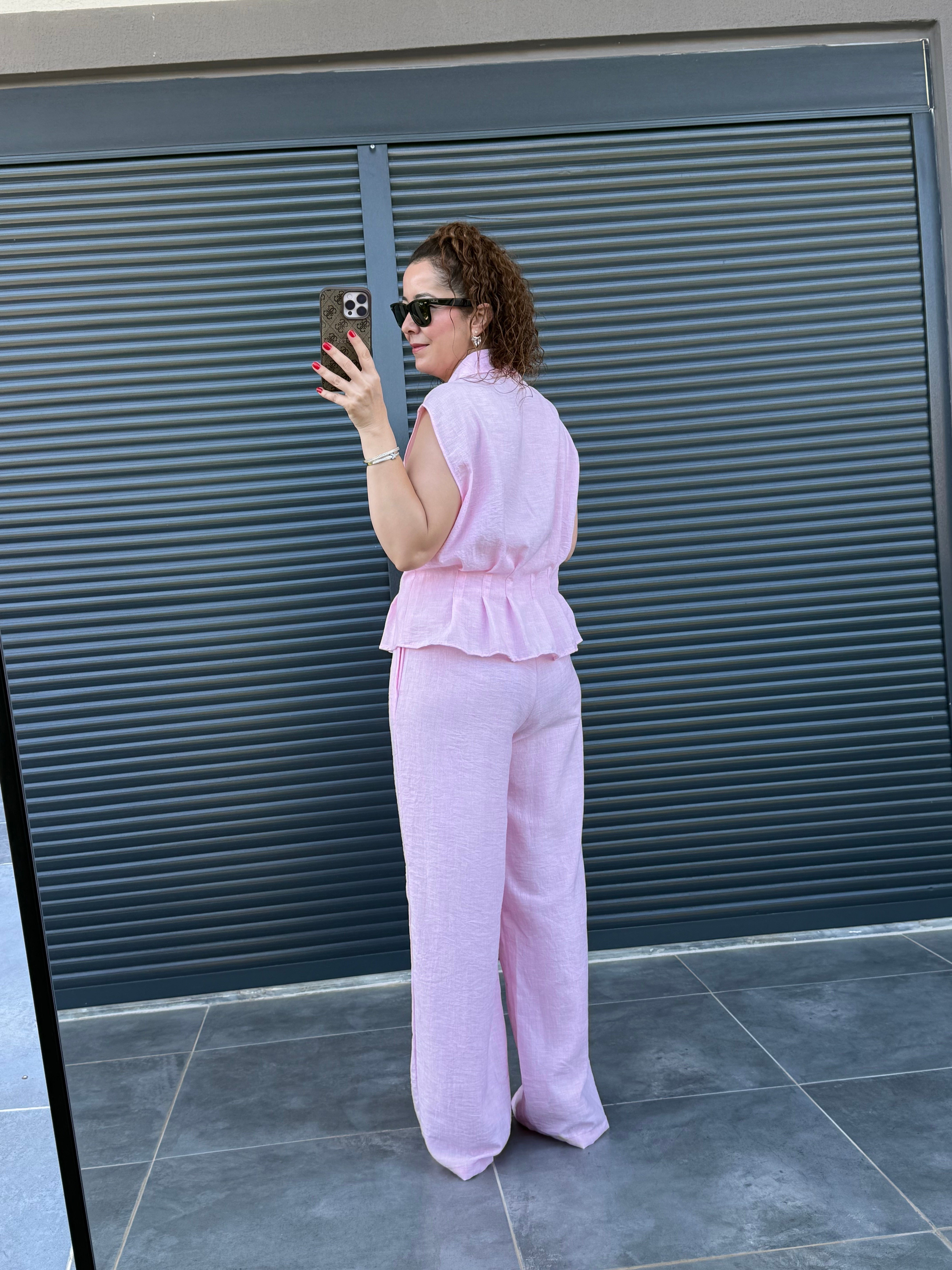 Bel Pileli Gömlek Pantolon Takım Pembe