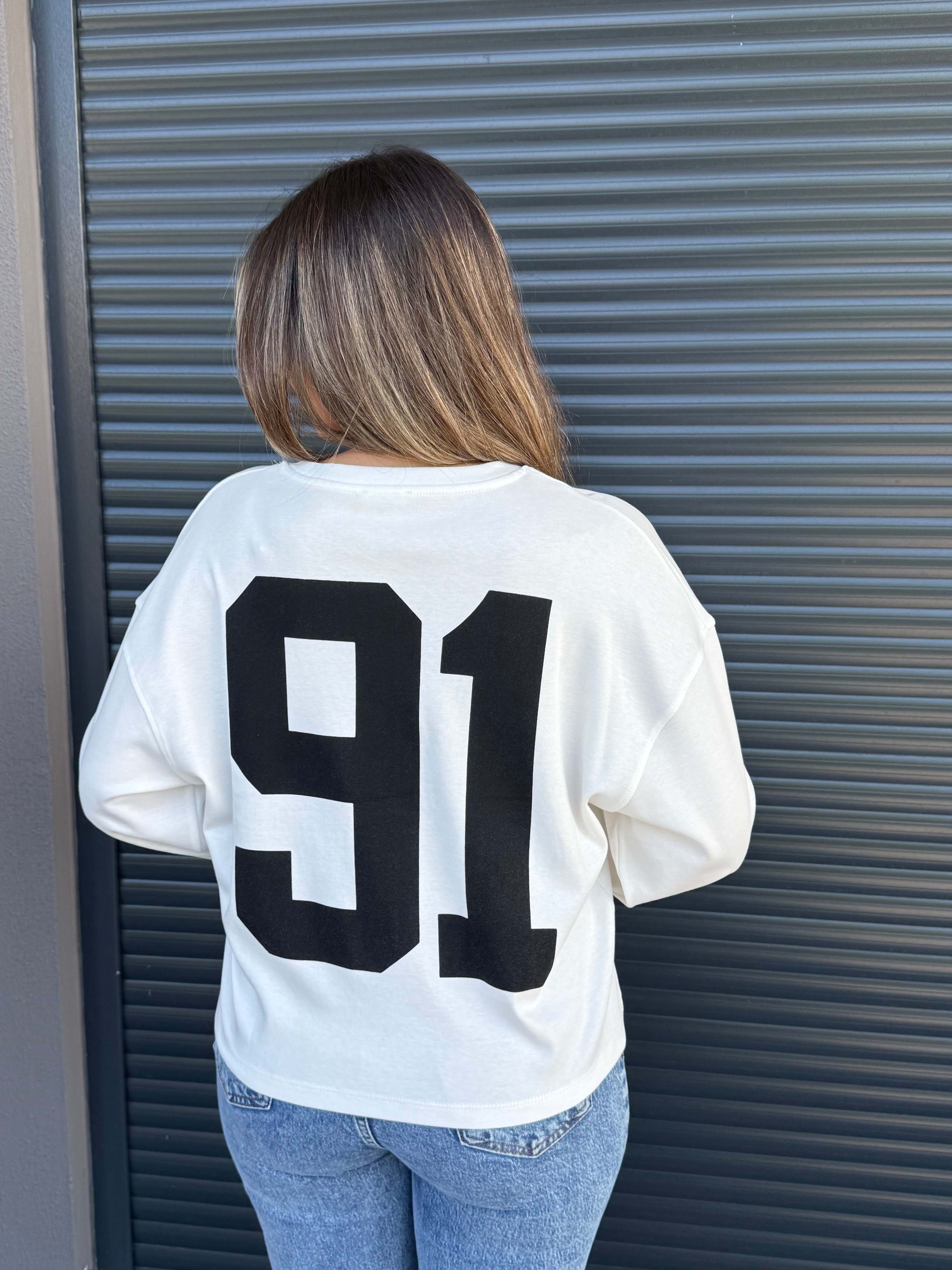 Beyaz Rakam Baskılı İnce Sweatshirt