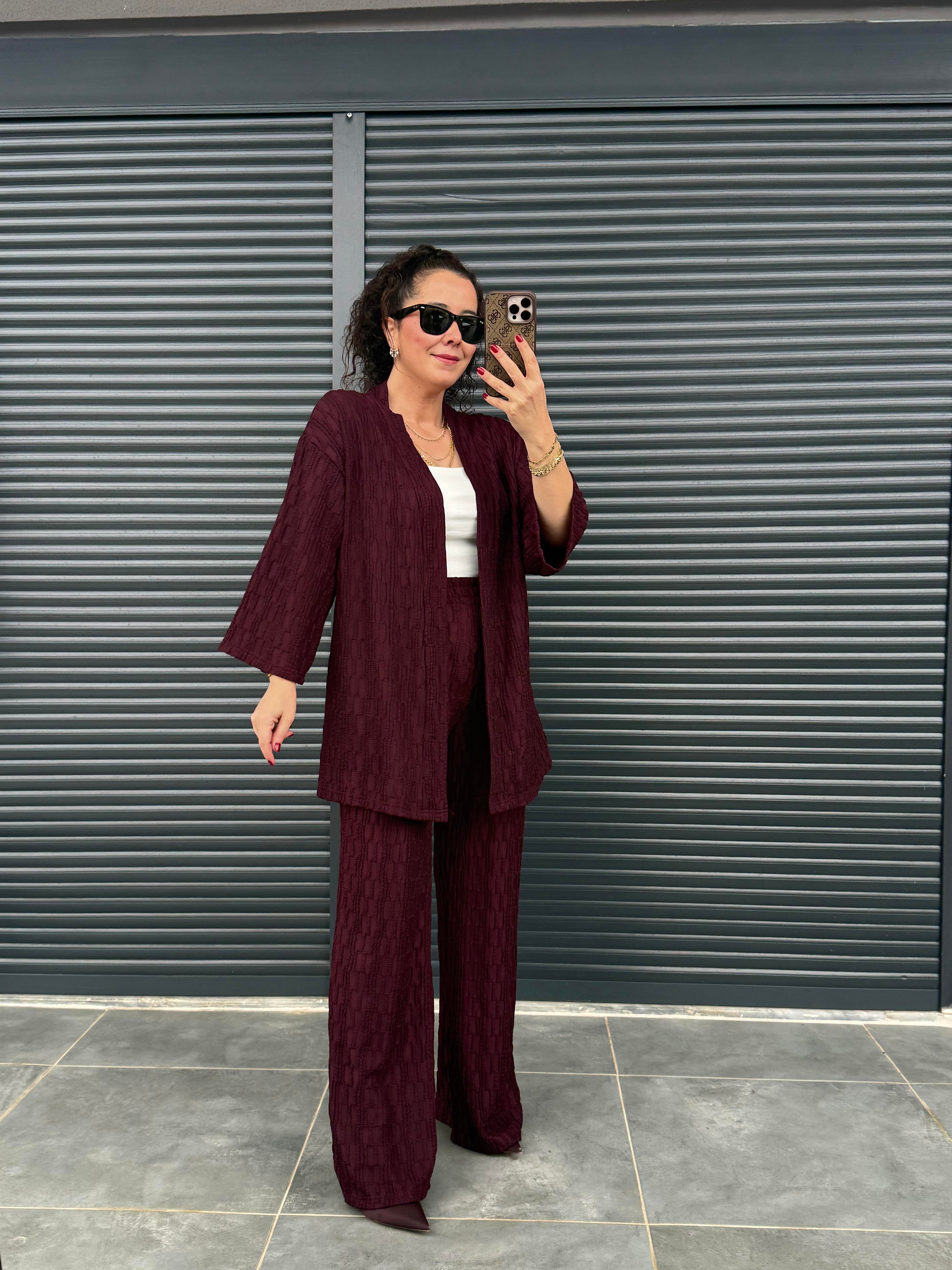 Bürümcük Kumaş Kimono Pantolon Takım Mürdüm