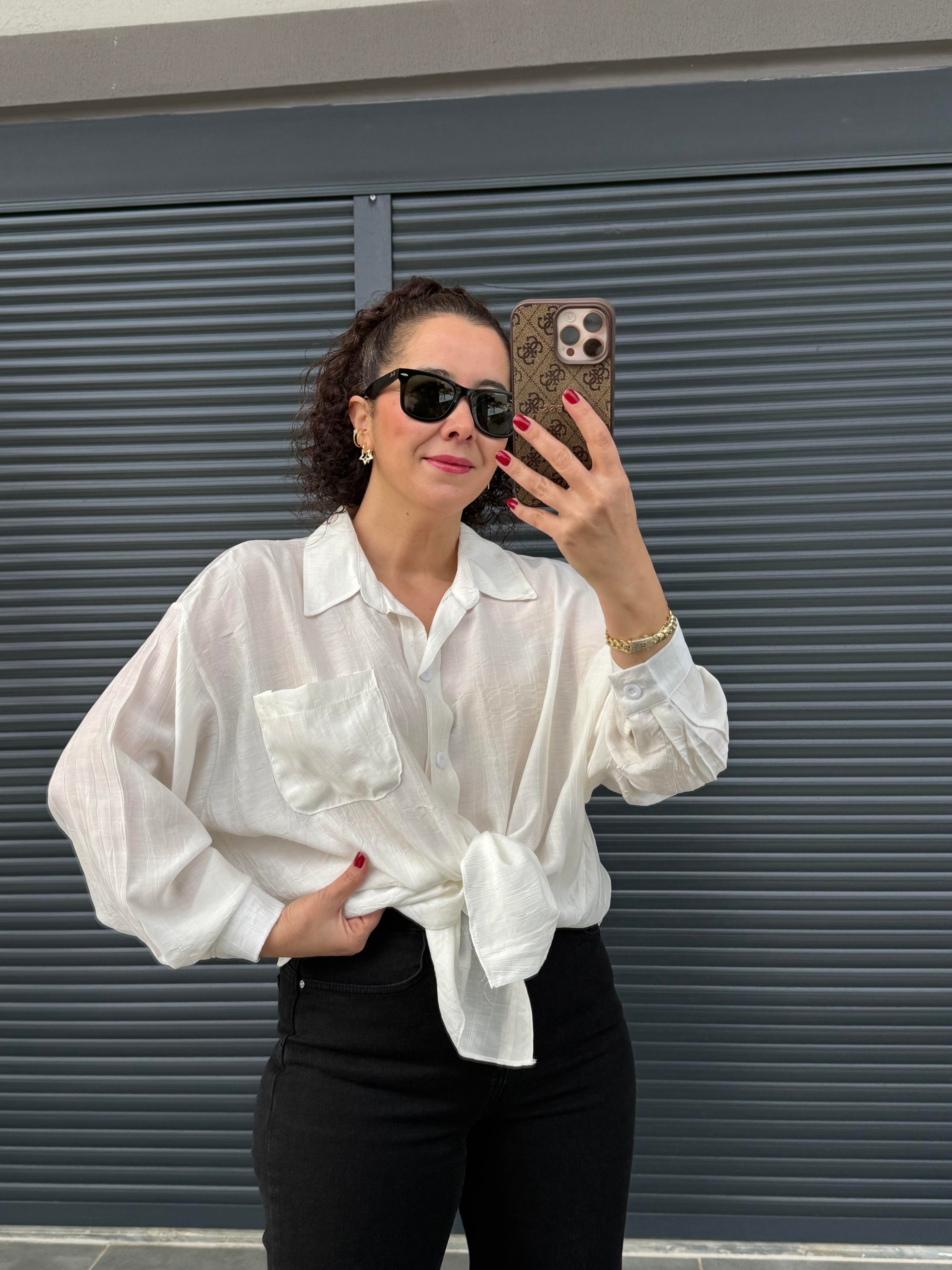 Cepli Oversize Gömlek Beyaz