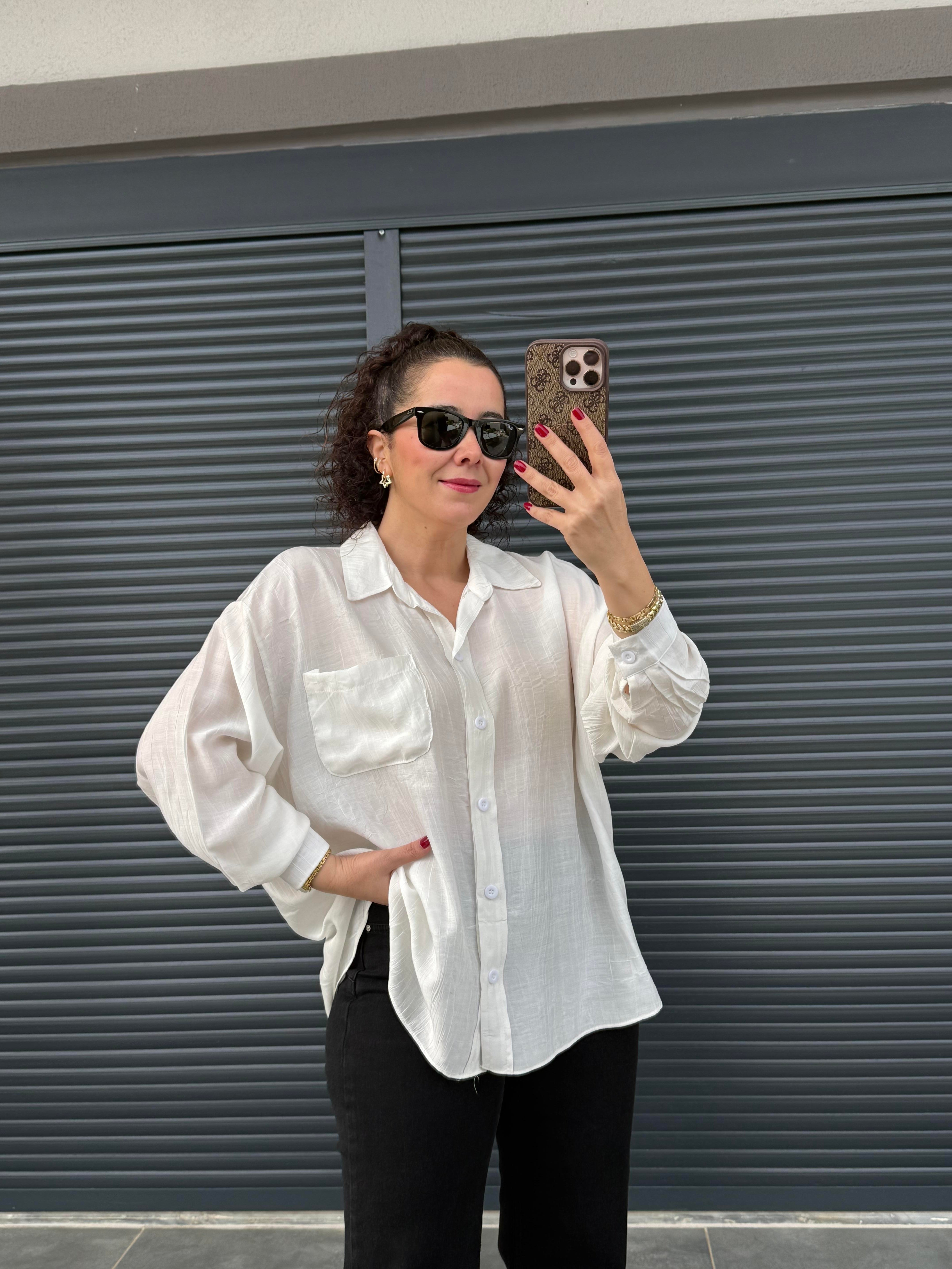 Cepli Oversize Gömlek Beyaz
