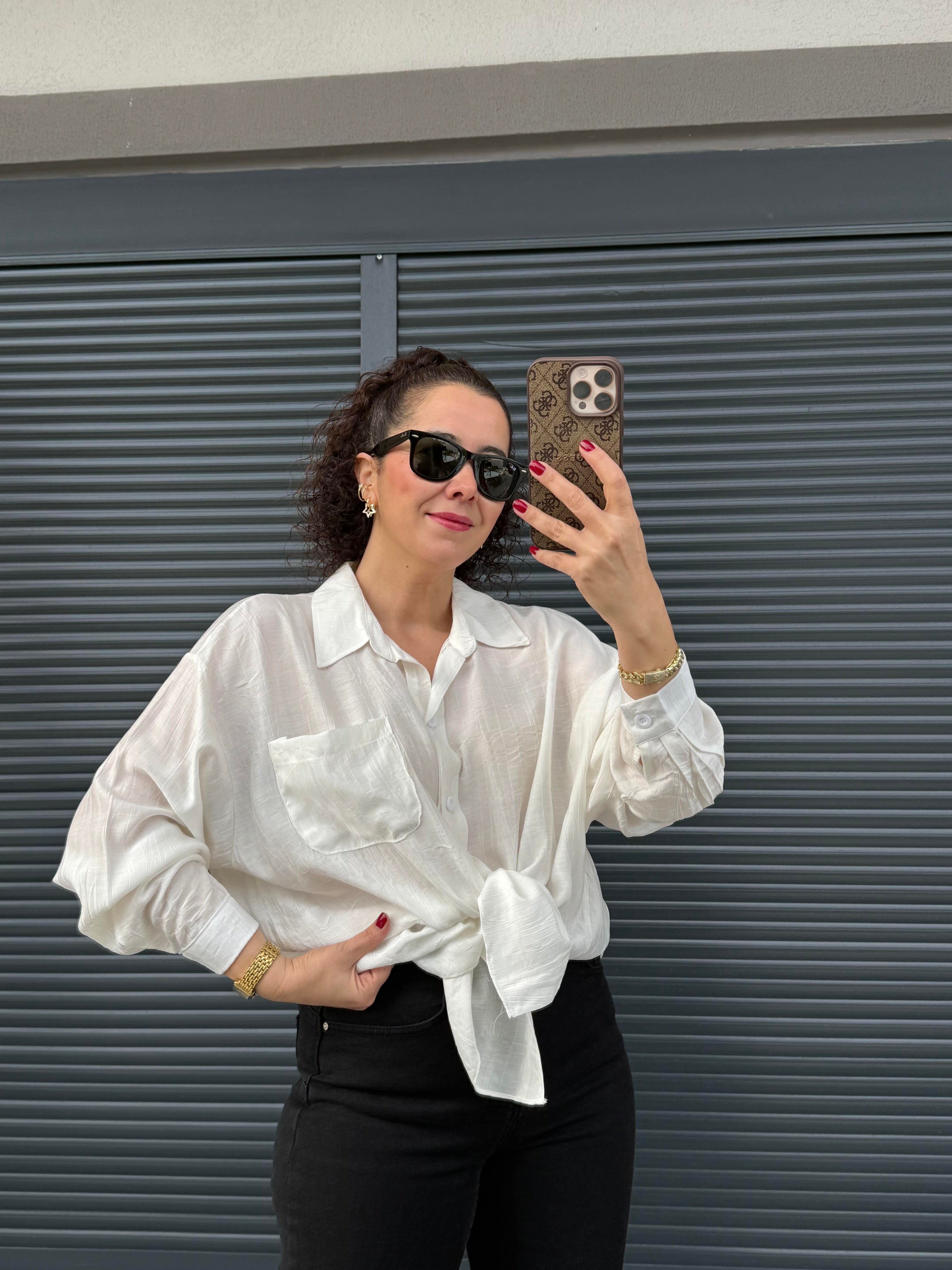 Cepli Oversize Gömlek Beyaz