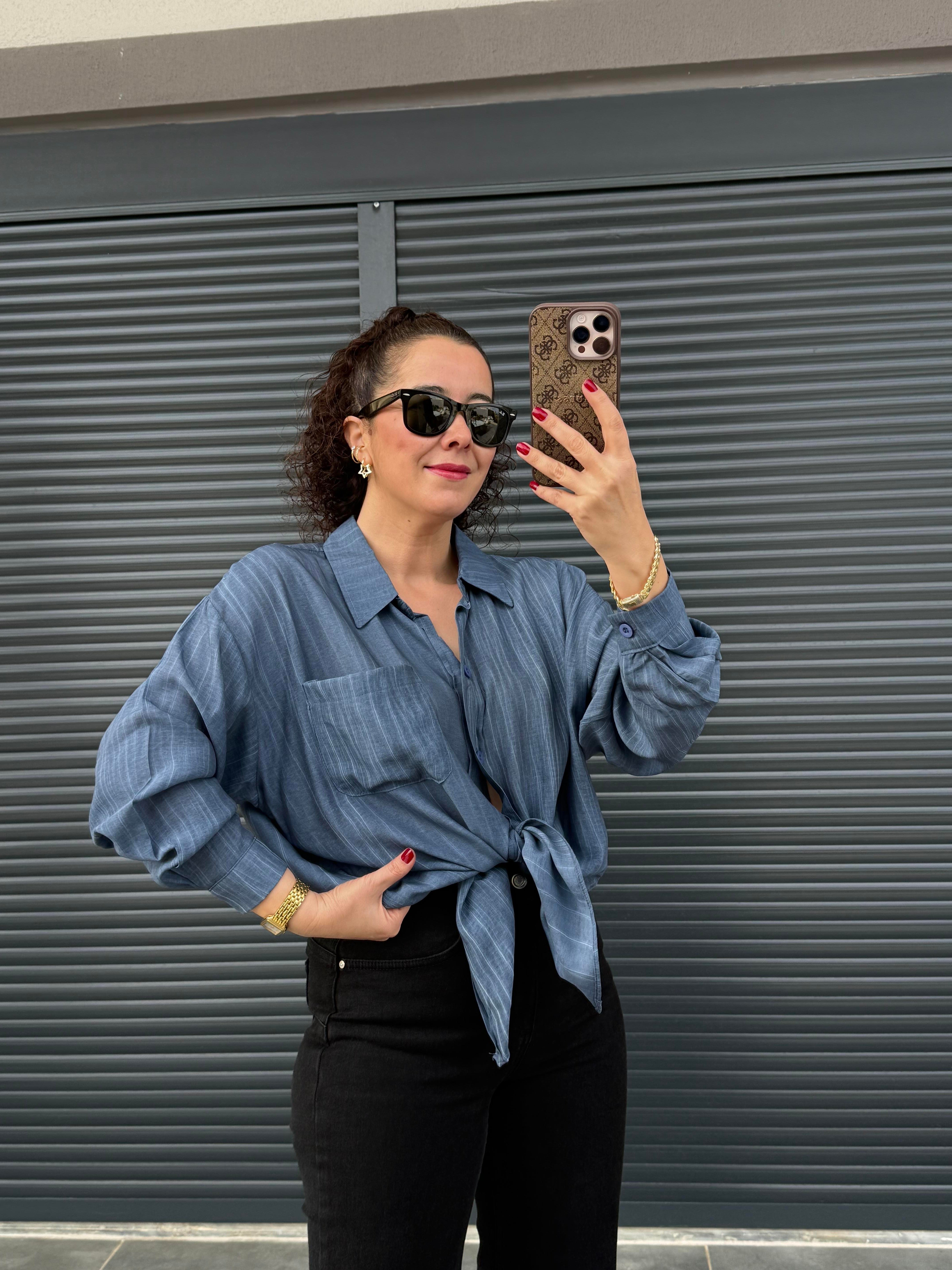 Cepli Oversize Gömlek İndigo