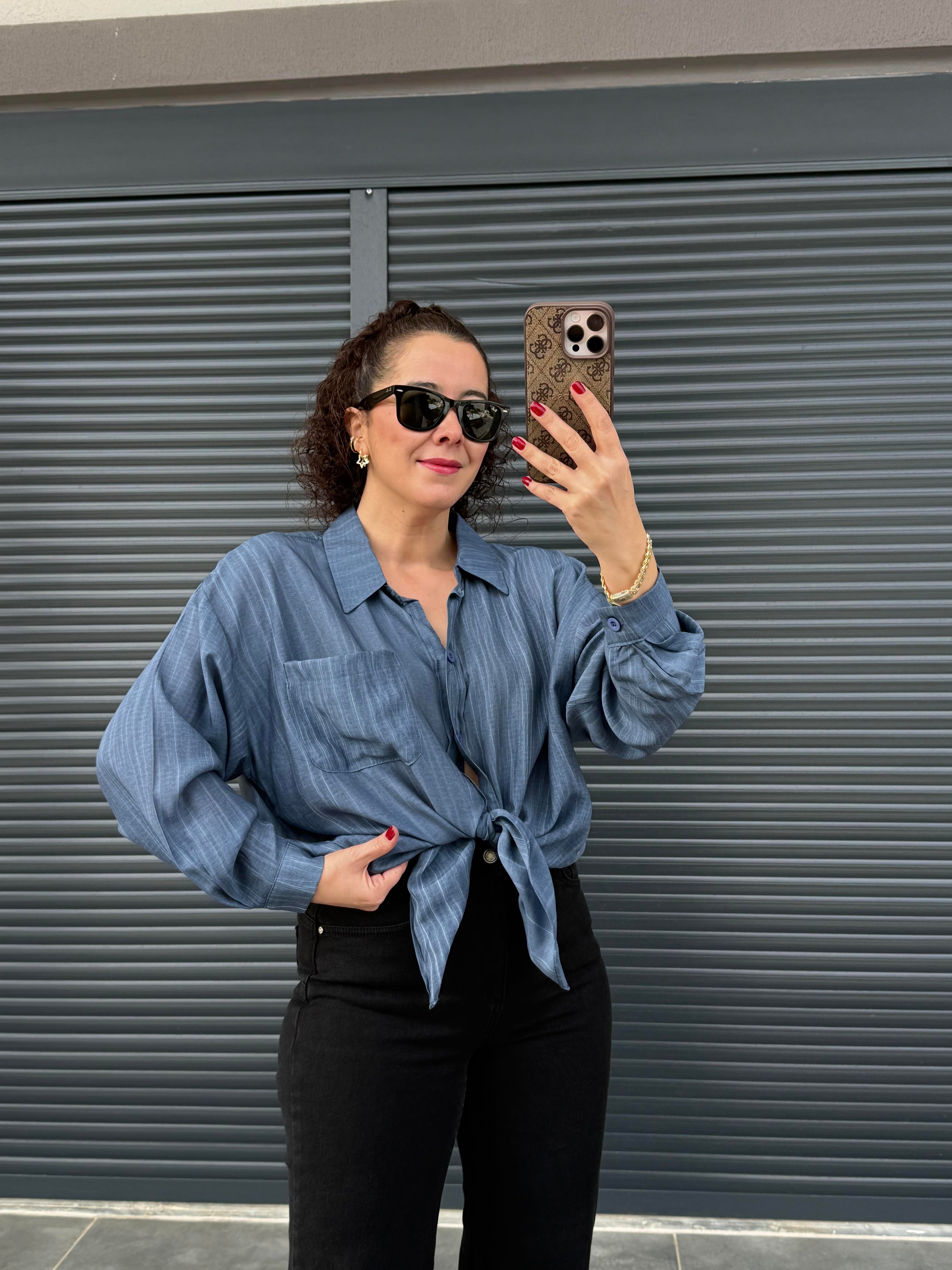 Cepli Oversize Gömlek İndigo