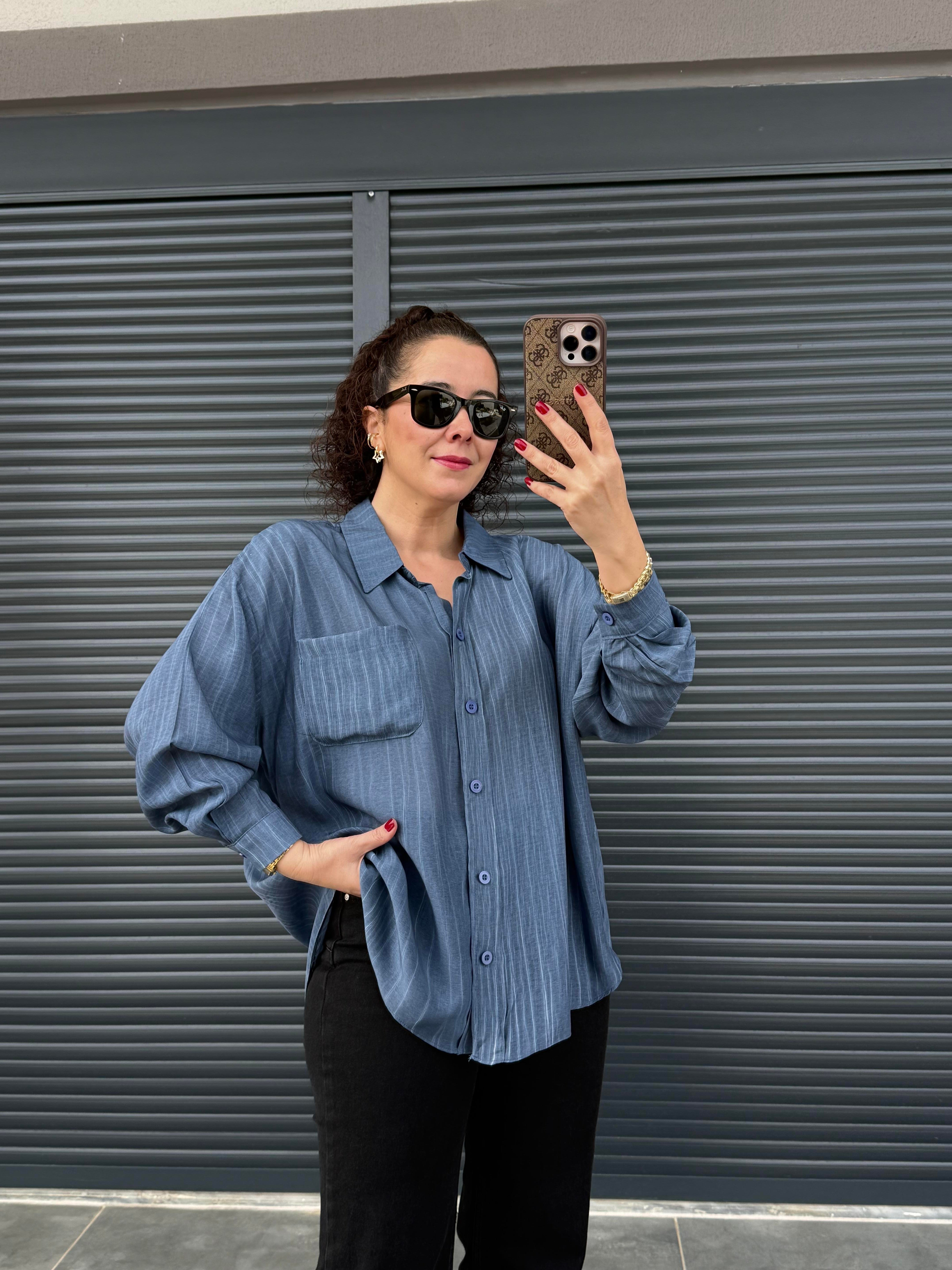 Cepli Oversize Gömlek İndigo