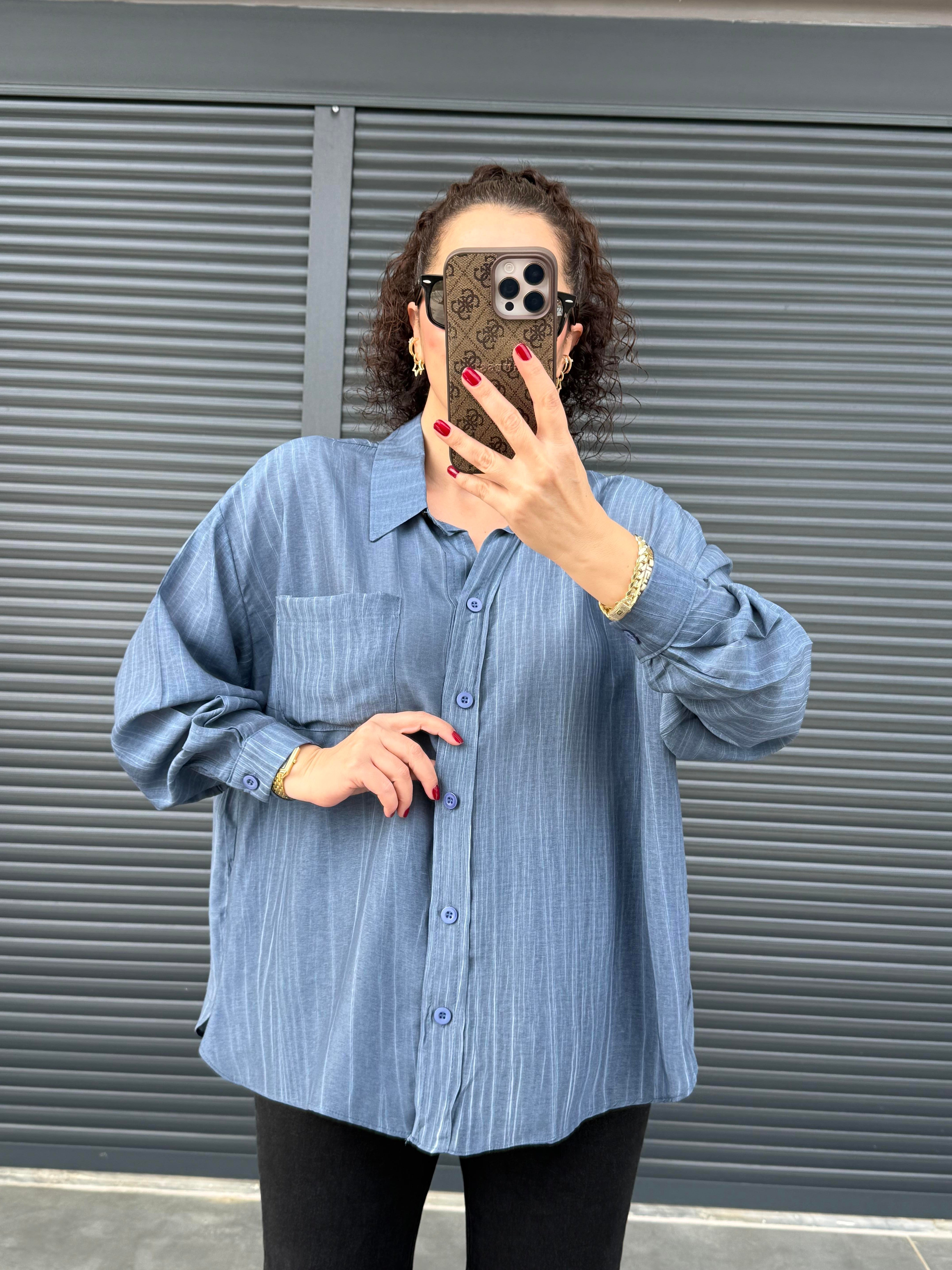Cepli Oversize Gömlek İndigo