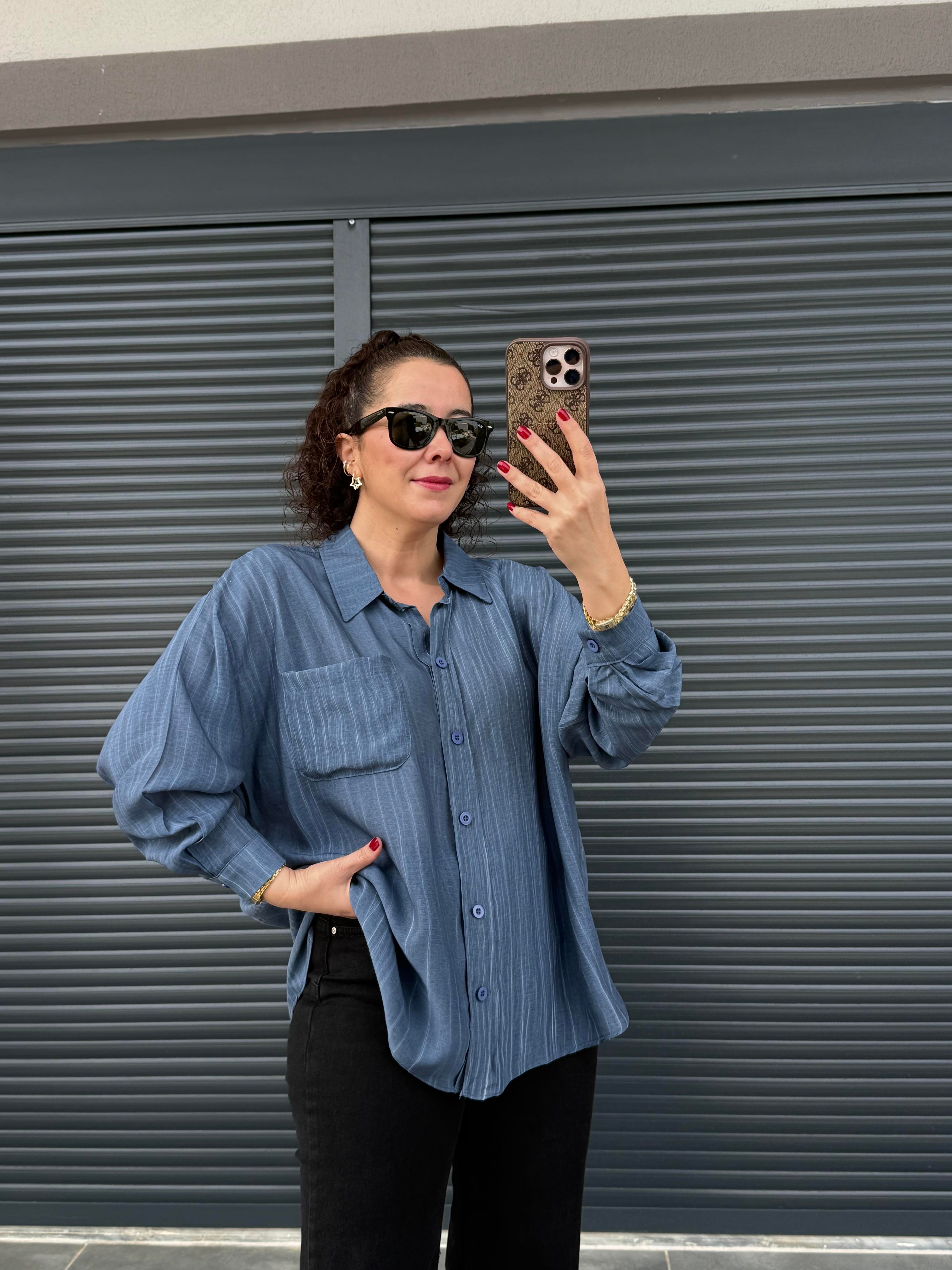 Cepli Oversize Gömlek İndigo