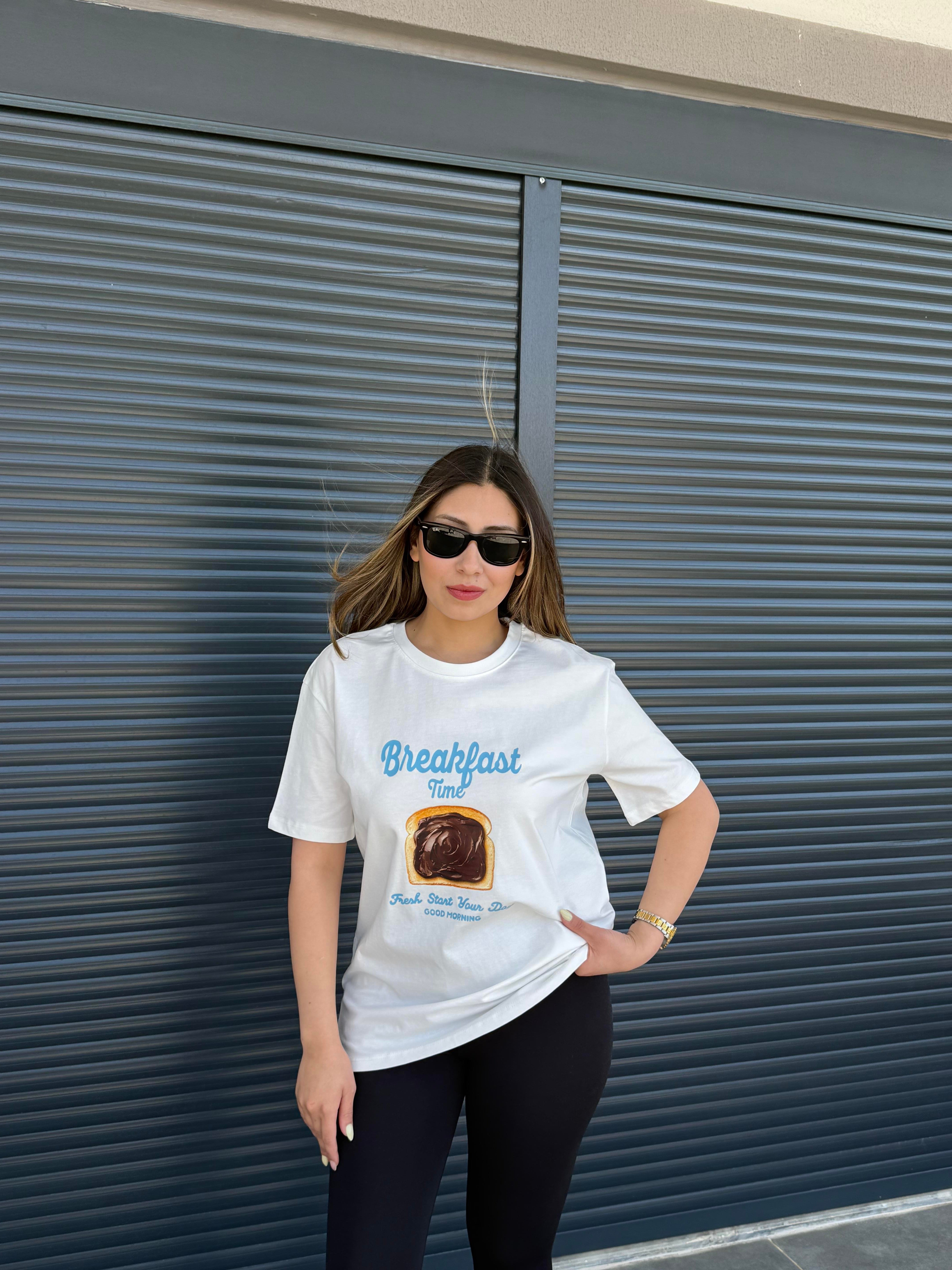 Çikolatalı Ekmek Baskılı T-shirt  Beyaz