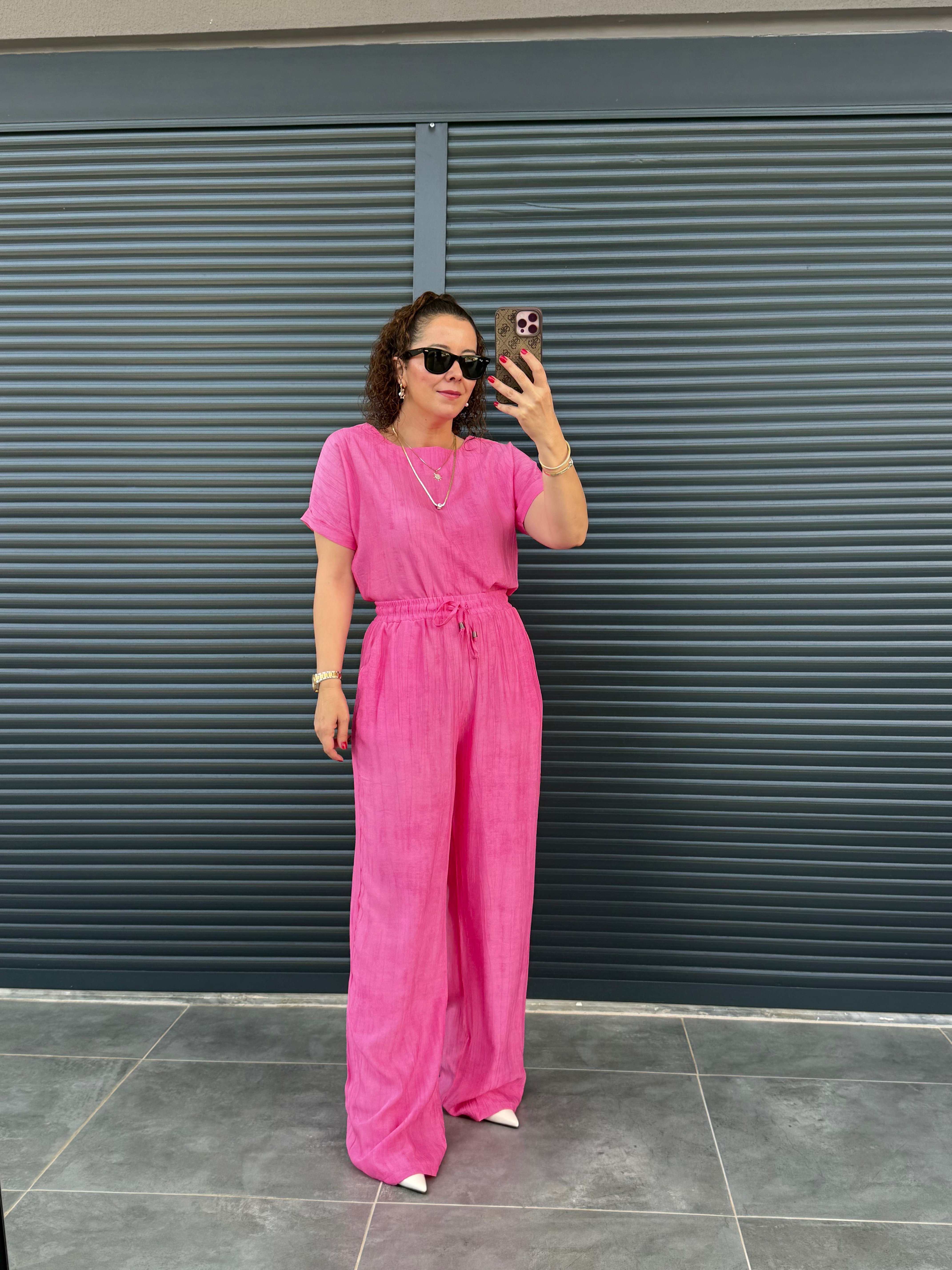 Çilek Kumaş Pantolon Bluz Takım Pembe
