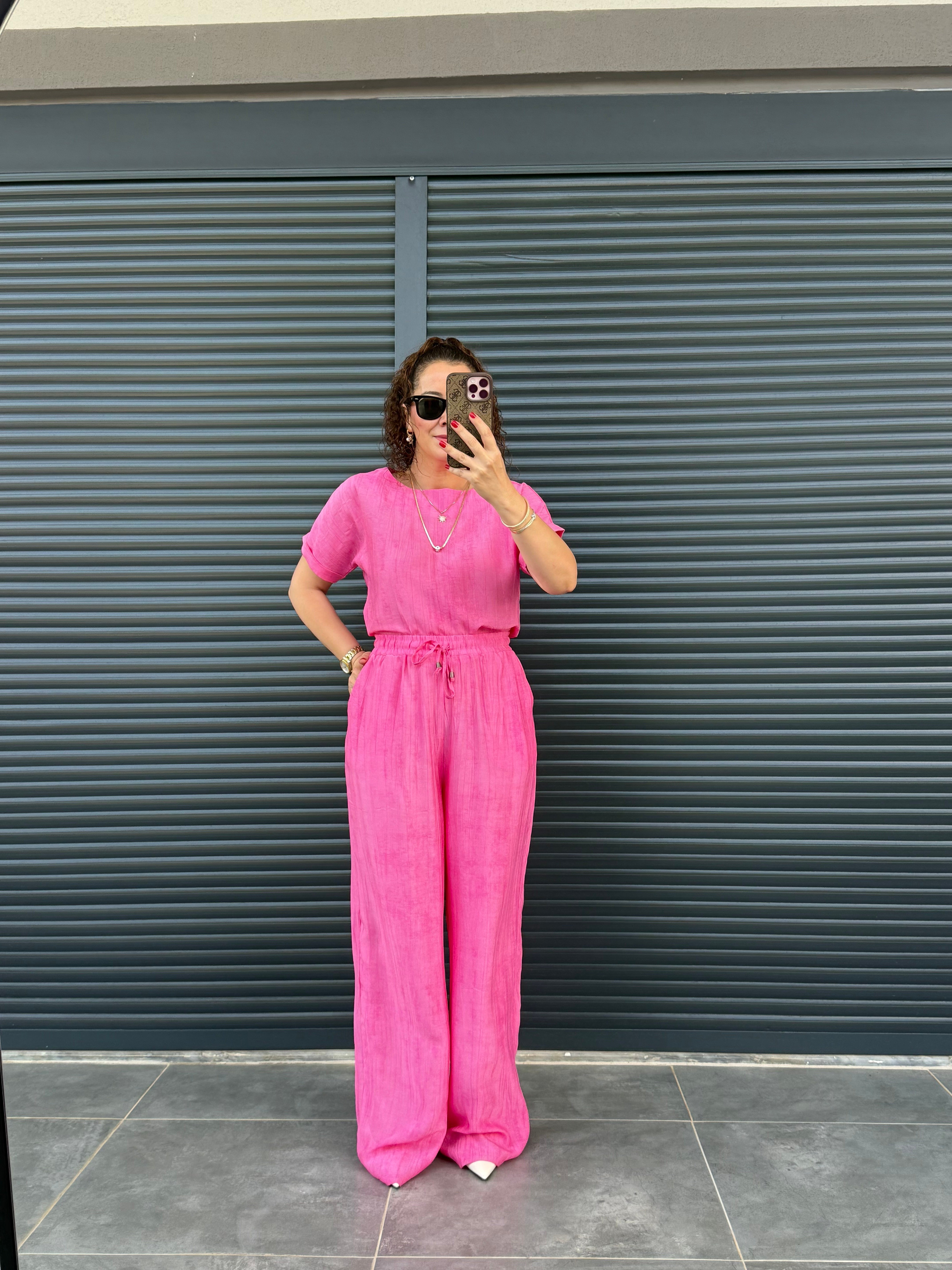 Çilek Kumaş Pantolon Bluz Takım Pembe